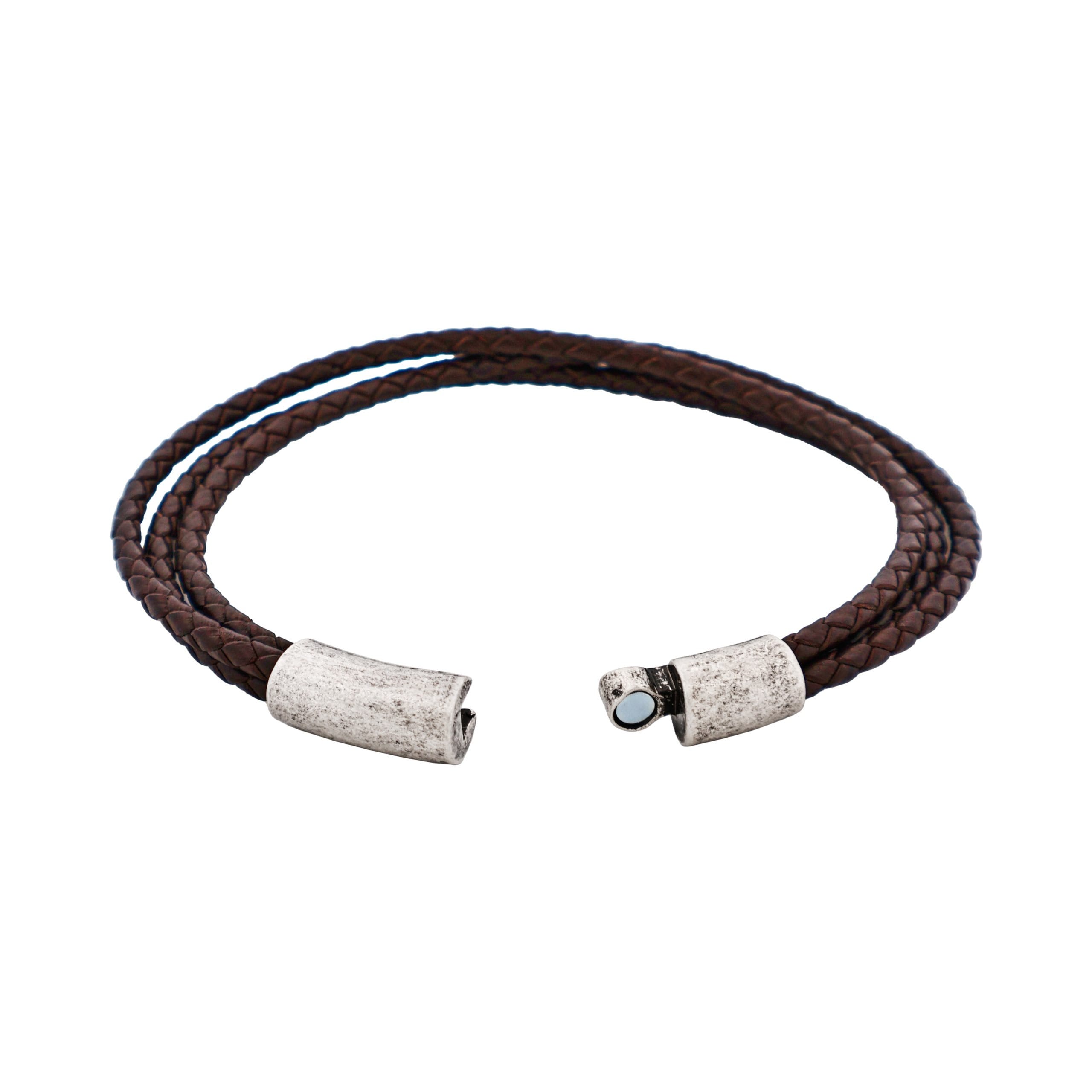 Brown Leather Triple Strand Bracelet with Antique Plated Stainless Steel Clasp