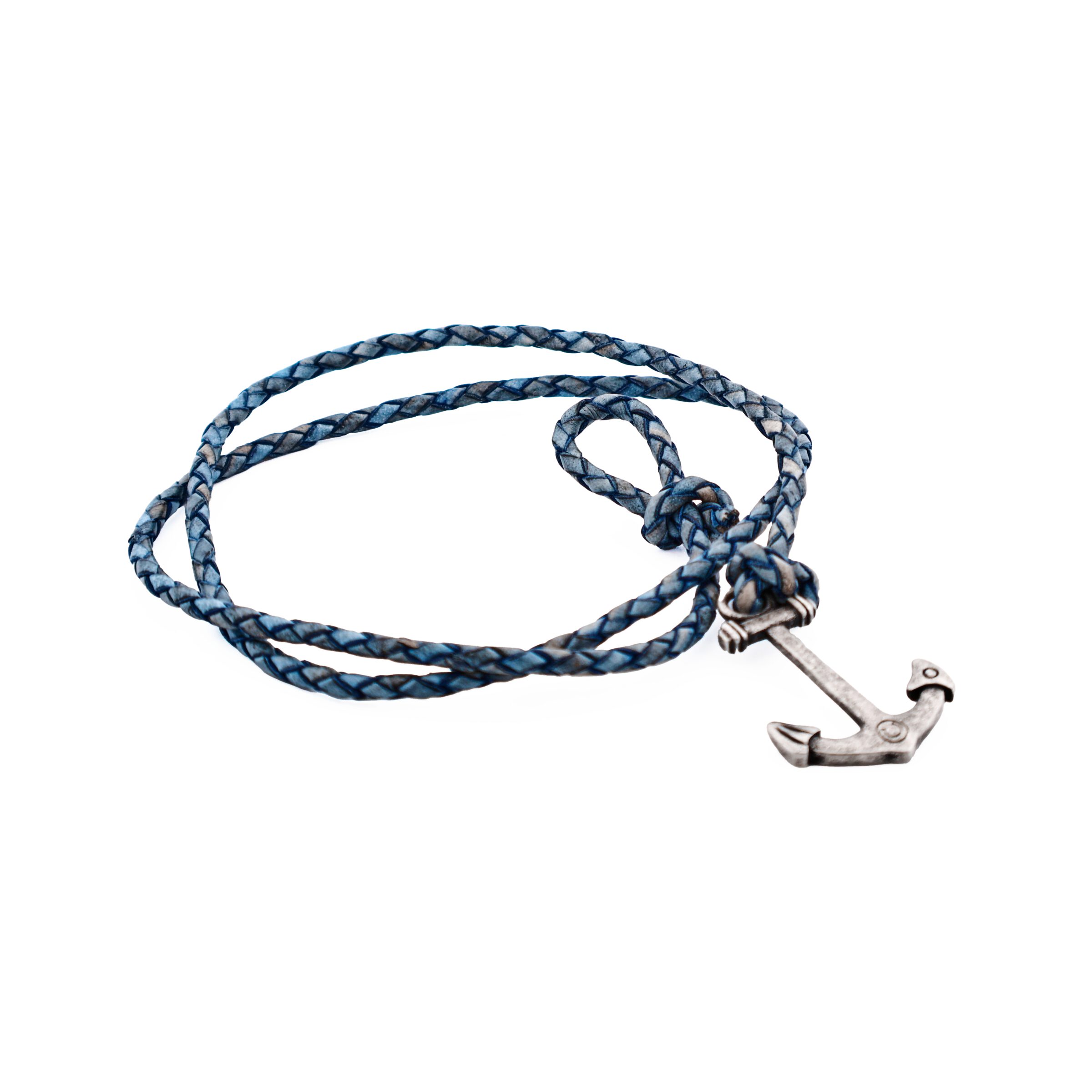 Antique Blue Leather & Antique Stainless Steel Anchor Bracelet