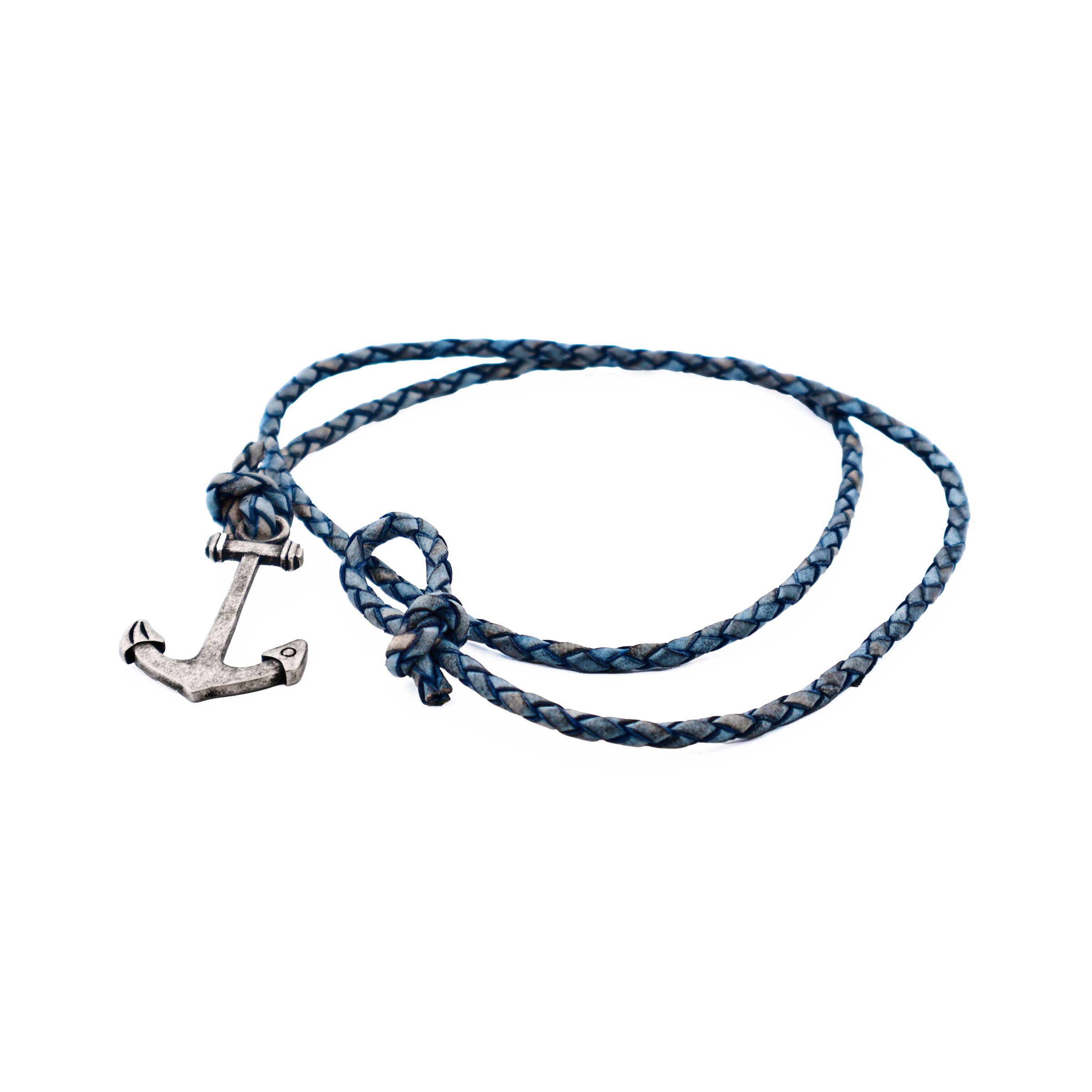 Antique Blue Leather & Antique Stainless Steel Anchor Bracelet