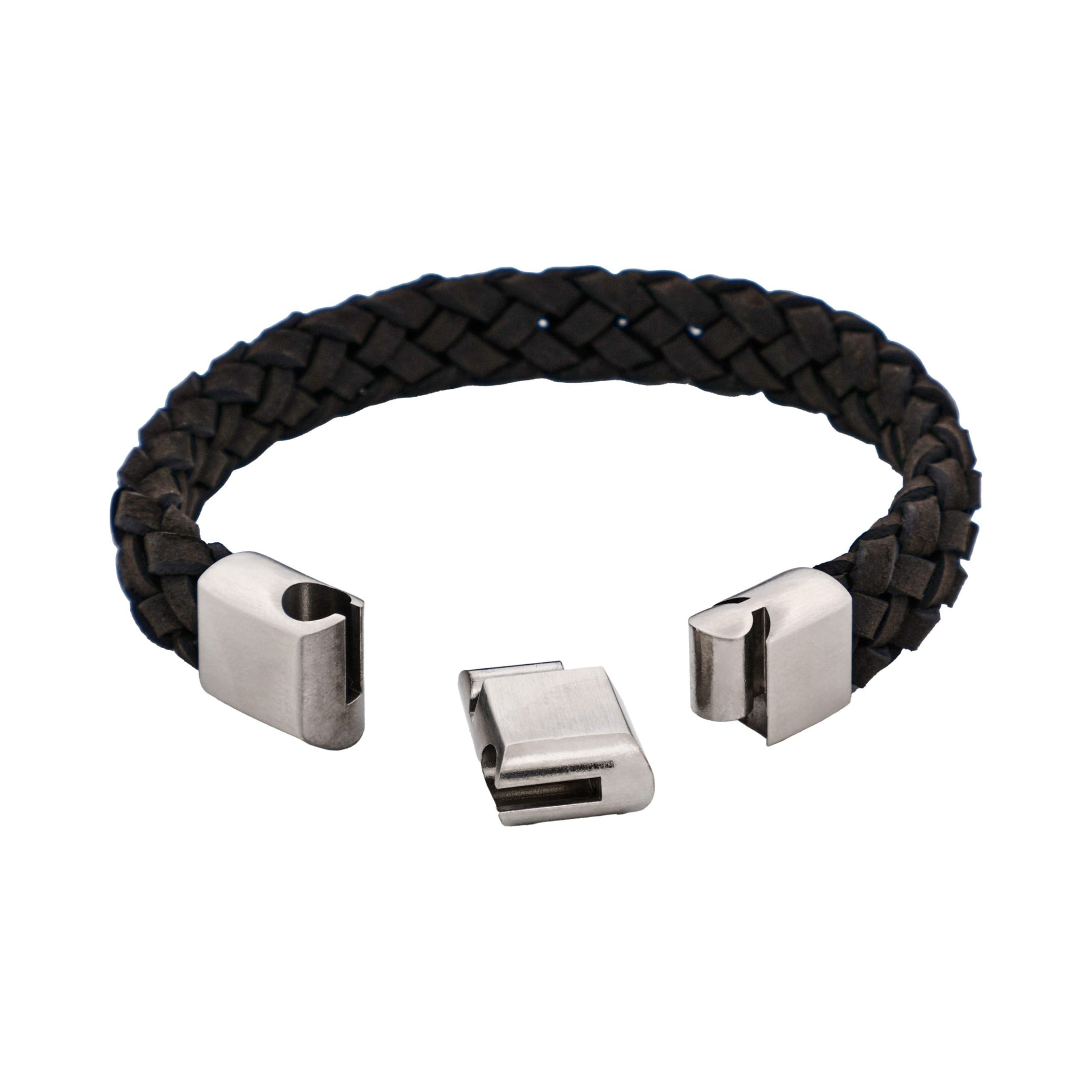 Braided Black Suede Italian Leather & Brushed Stainless Steel Bracelet