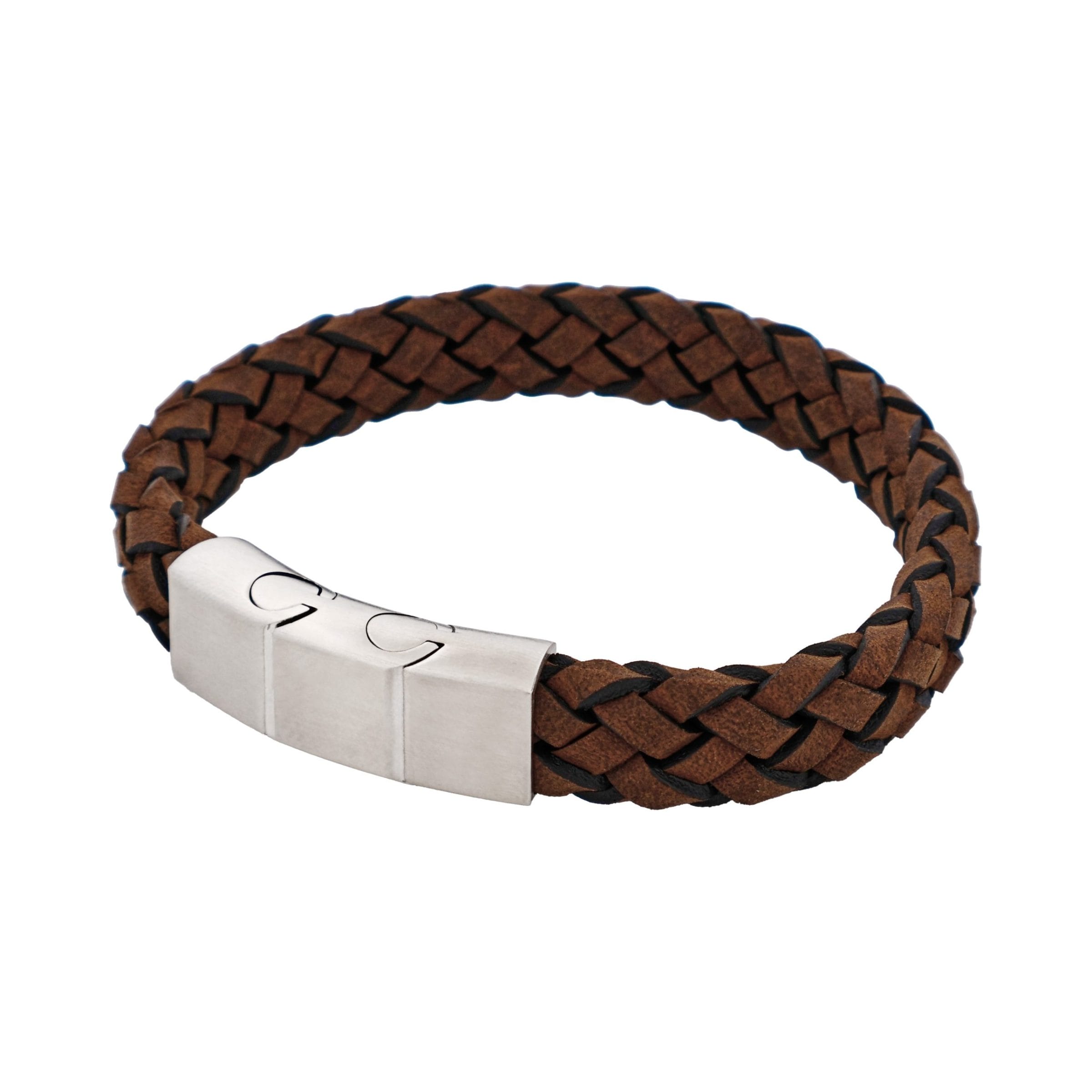 Braided Antique Brown Italian Suede Leather & Brushed Stainless Steel Bracelet