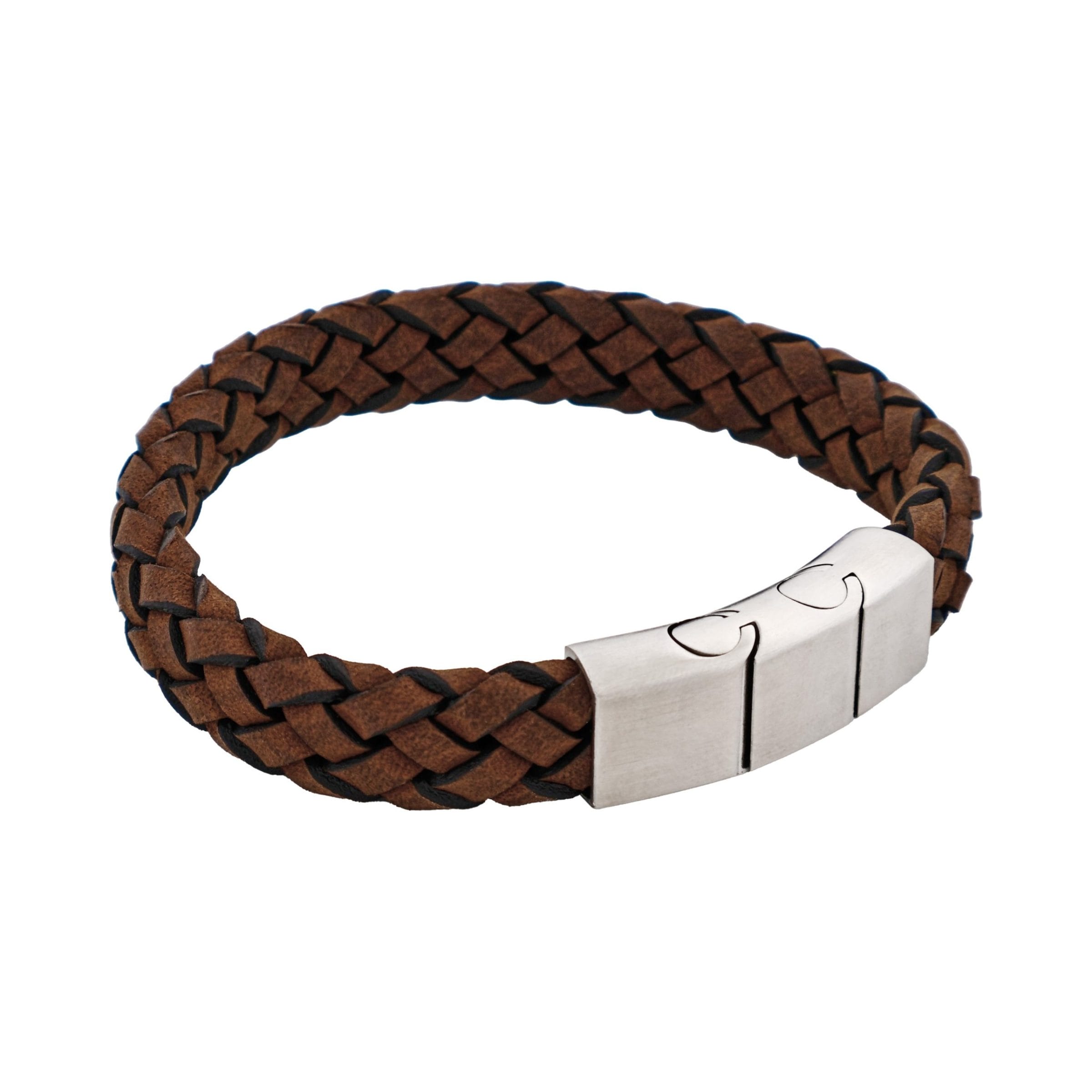 Braided Antique Brown Italian Suede Leather & Brushed Stainless Steel Bracelet