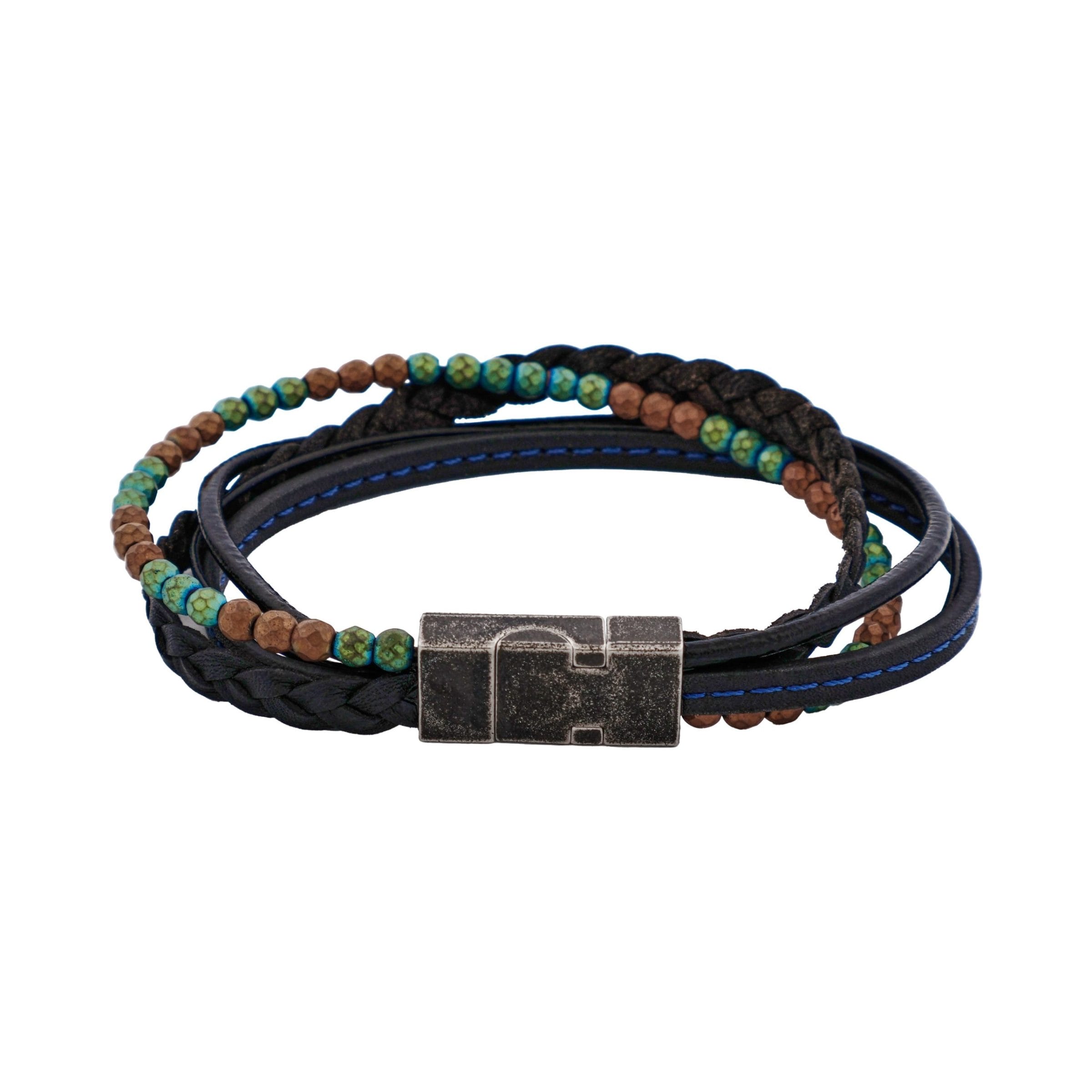Multi-Strand Black Leather & Earth Coloured Hematite Beads Bracelet with Ion Plated Antique Stainless Steel Magnetic Clasp
