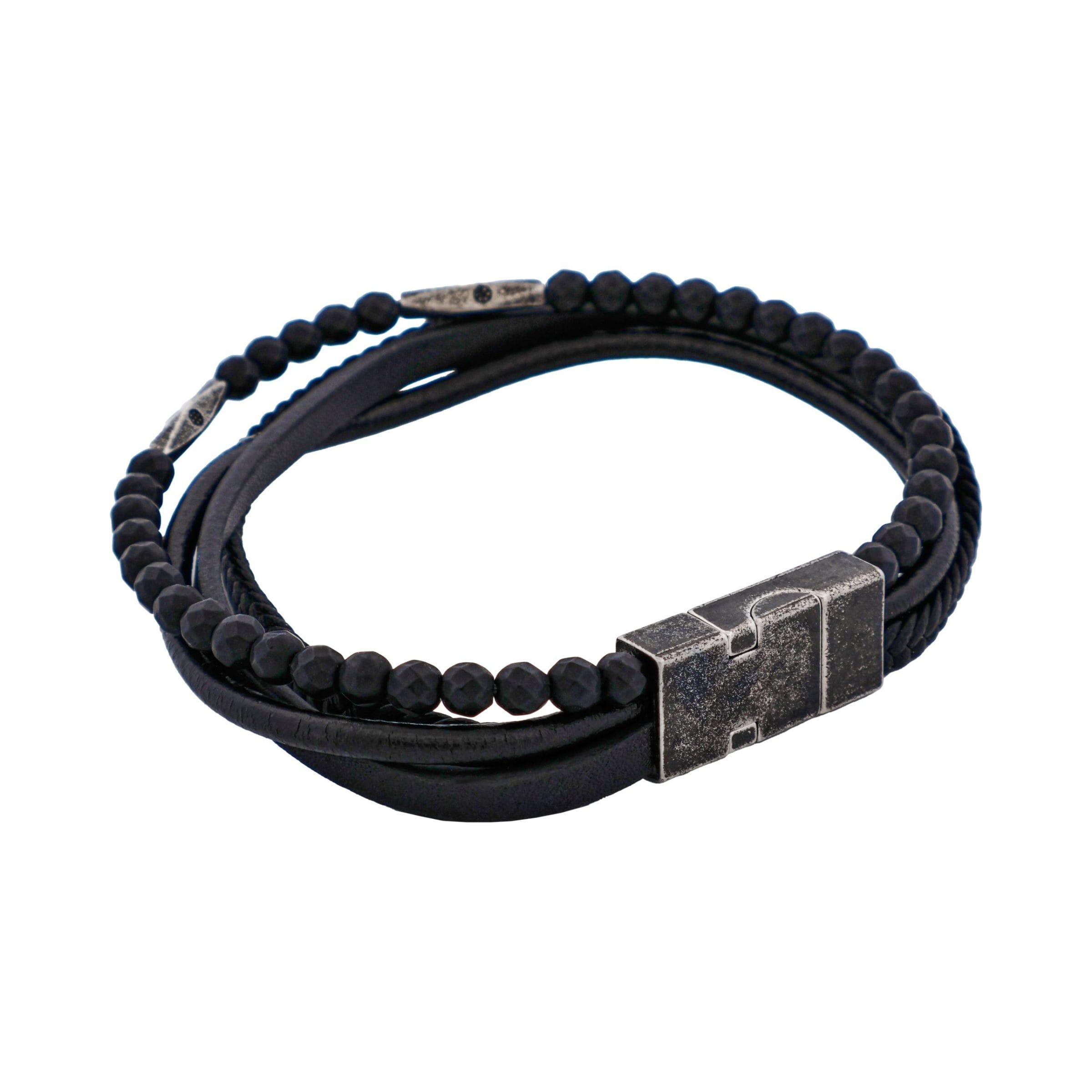 Multi-Strand Black Leather & Black Hematite Beads Bracelet with Ion Plated Antique Stainless Steel Magnetic Clasp