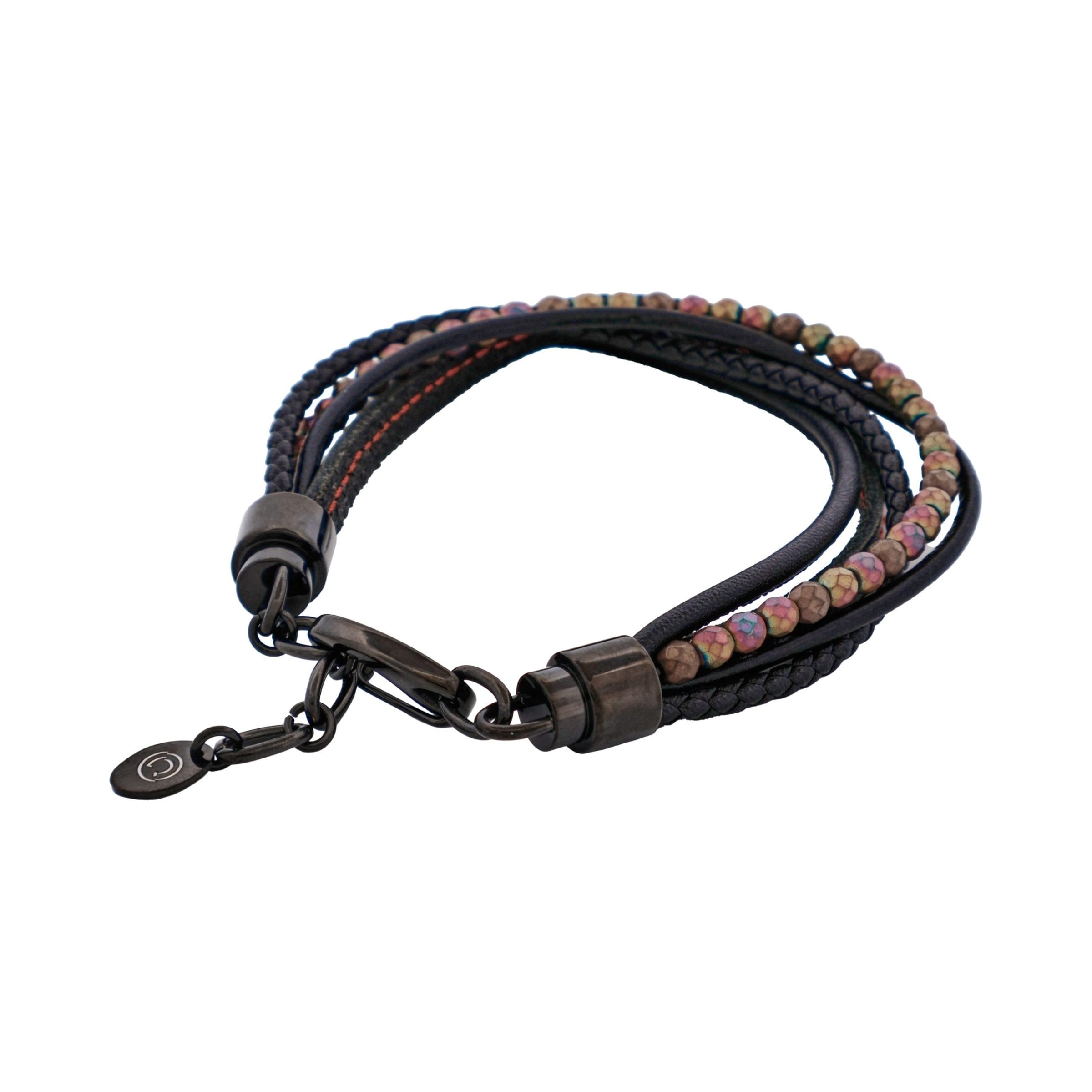 Multi-Strand Black Leather & Hematite Beads Bracelet with Ion Plated Black Polished Stainless Steel Clasp
