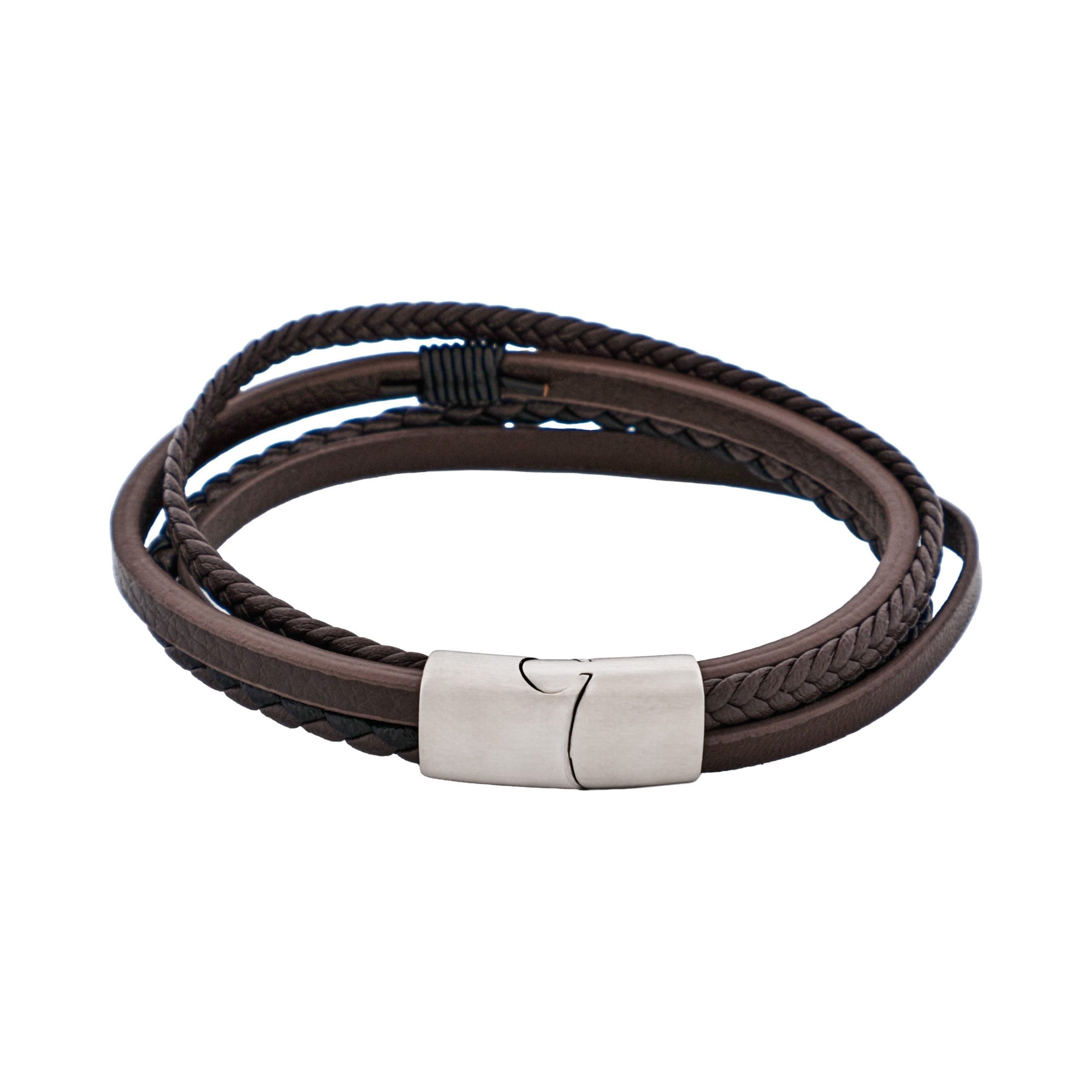 Dark Brown Multi Strand Leather & Stainless Steel Bracelet