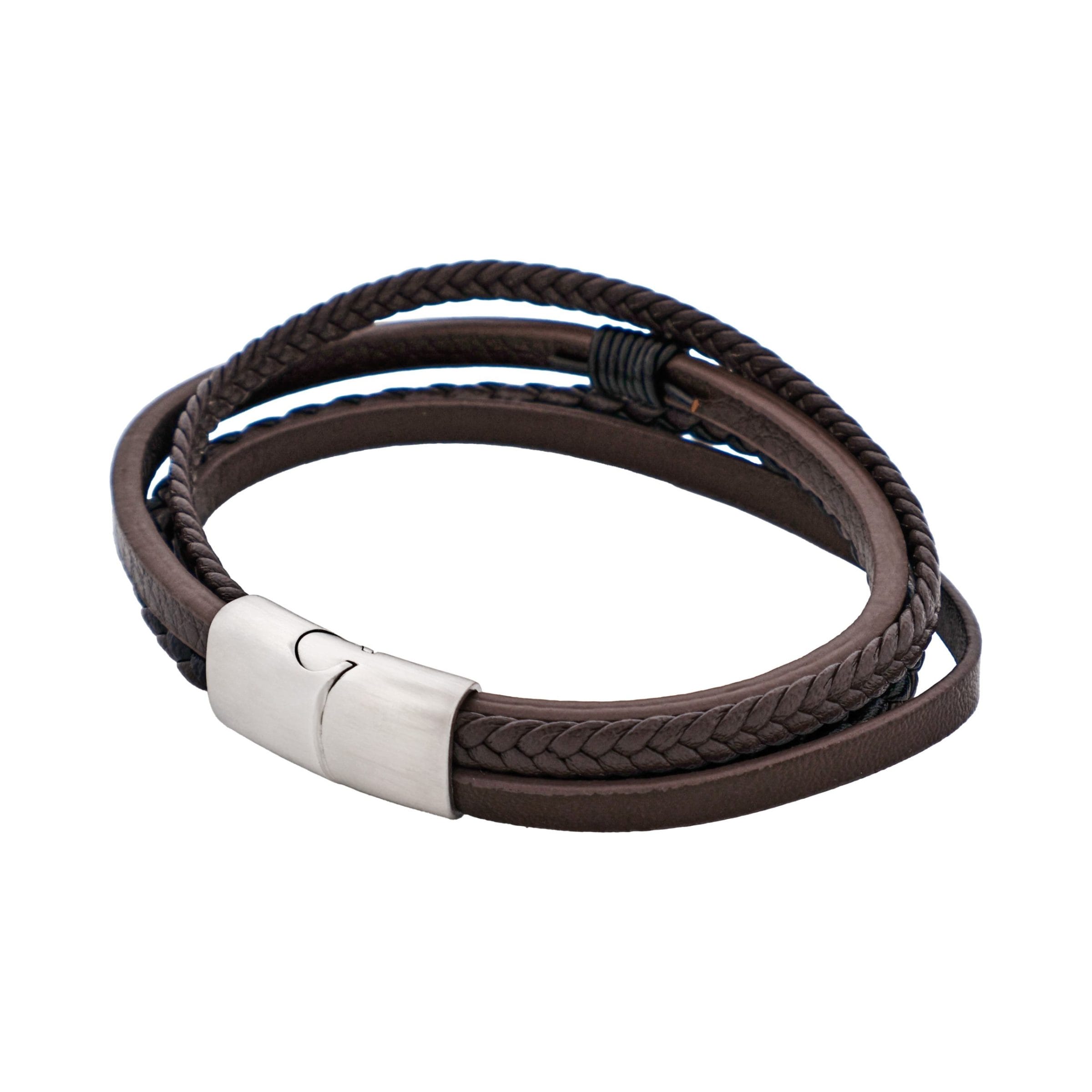 Dark Brown Multi Strand Leather & Stainless Steel Bracelet