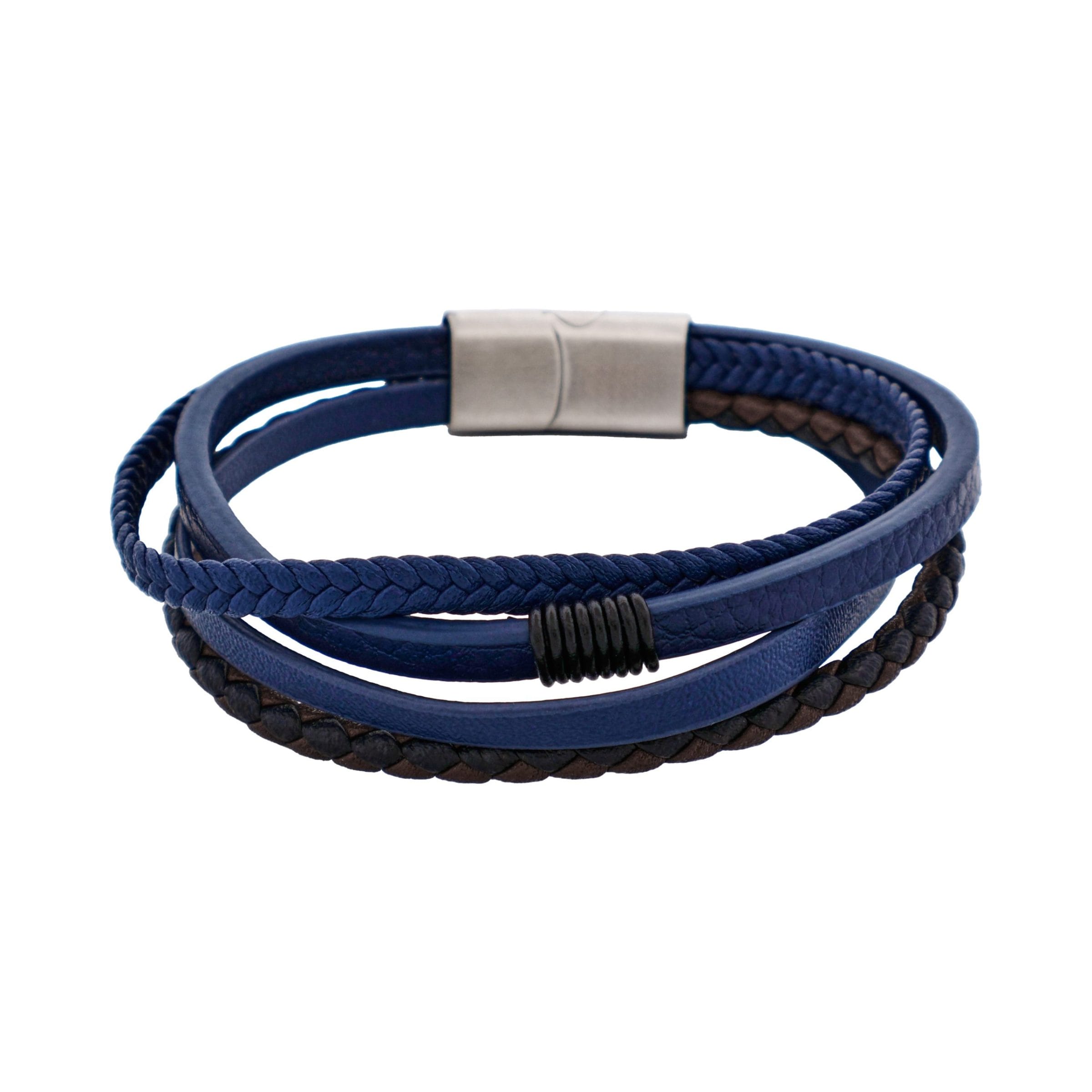 Dark Brown & Blue Multi Strand Leather & Stainless Steel Bracelet
