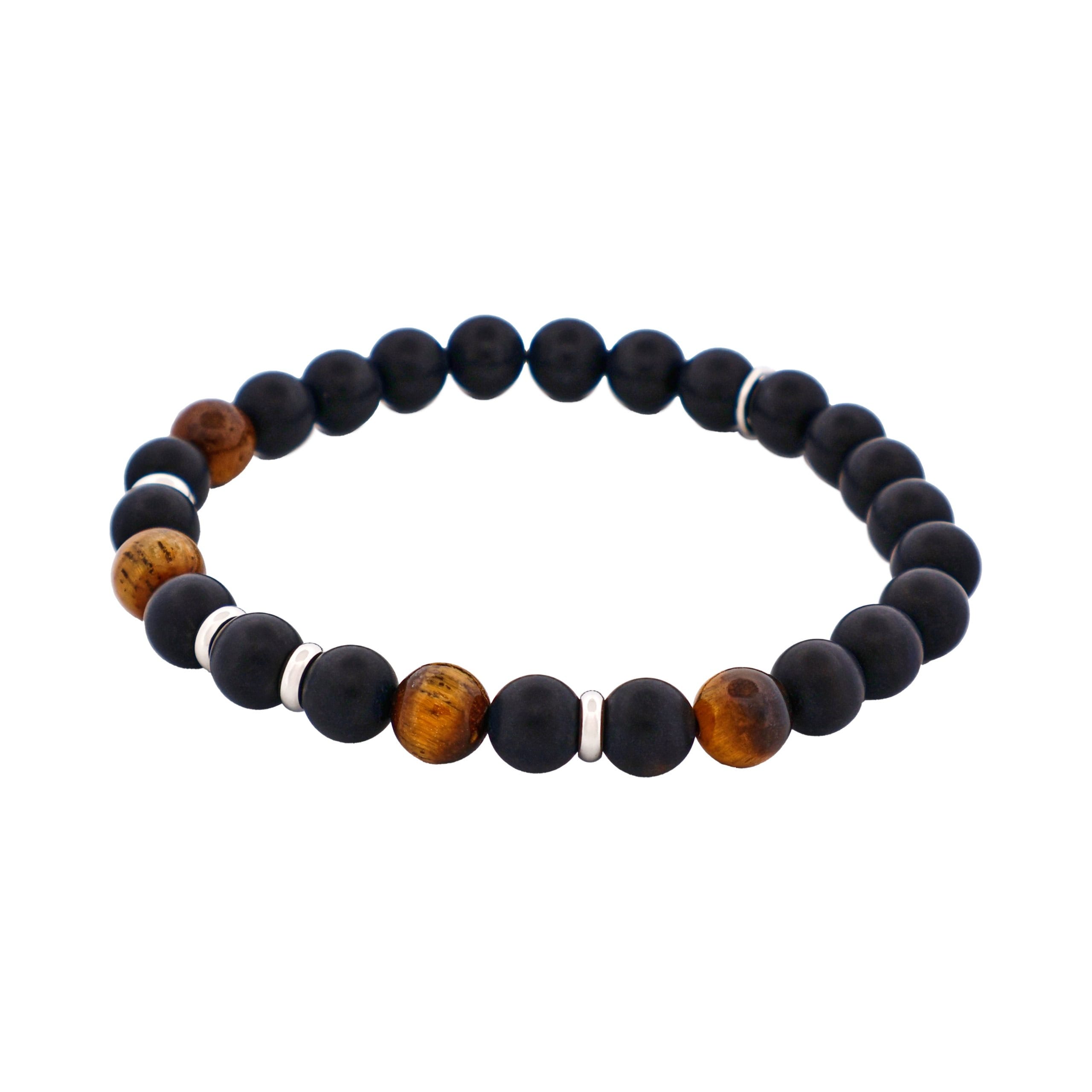 6mm Tiger Eye & Black Agate Bead Bracelet with Stainless Steel Discs