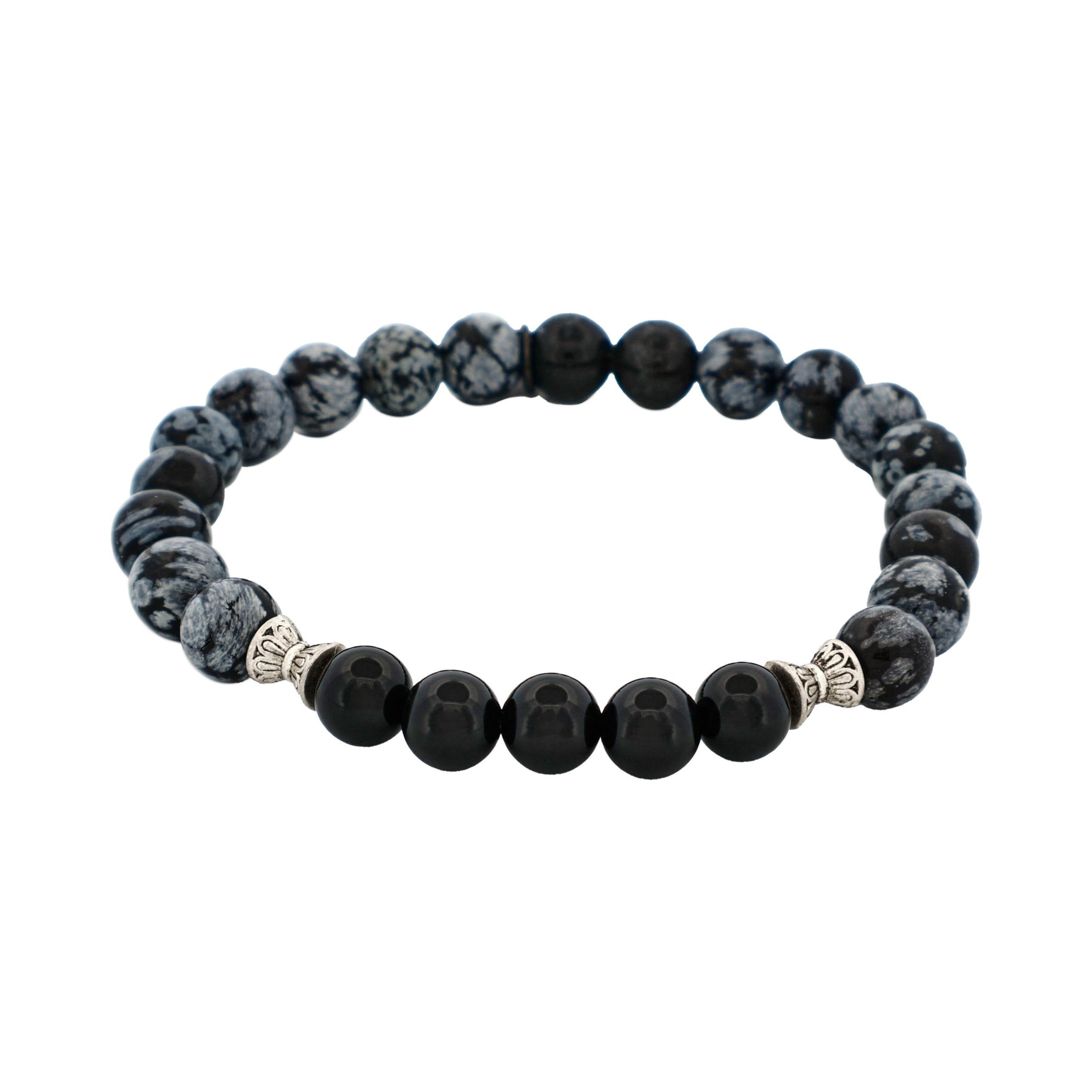6mm Black & Blue Agate Bead Bracelet with Stainless Steel Discs