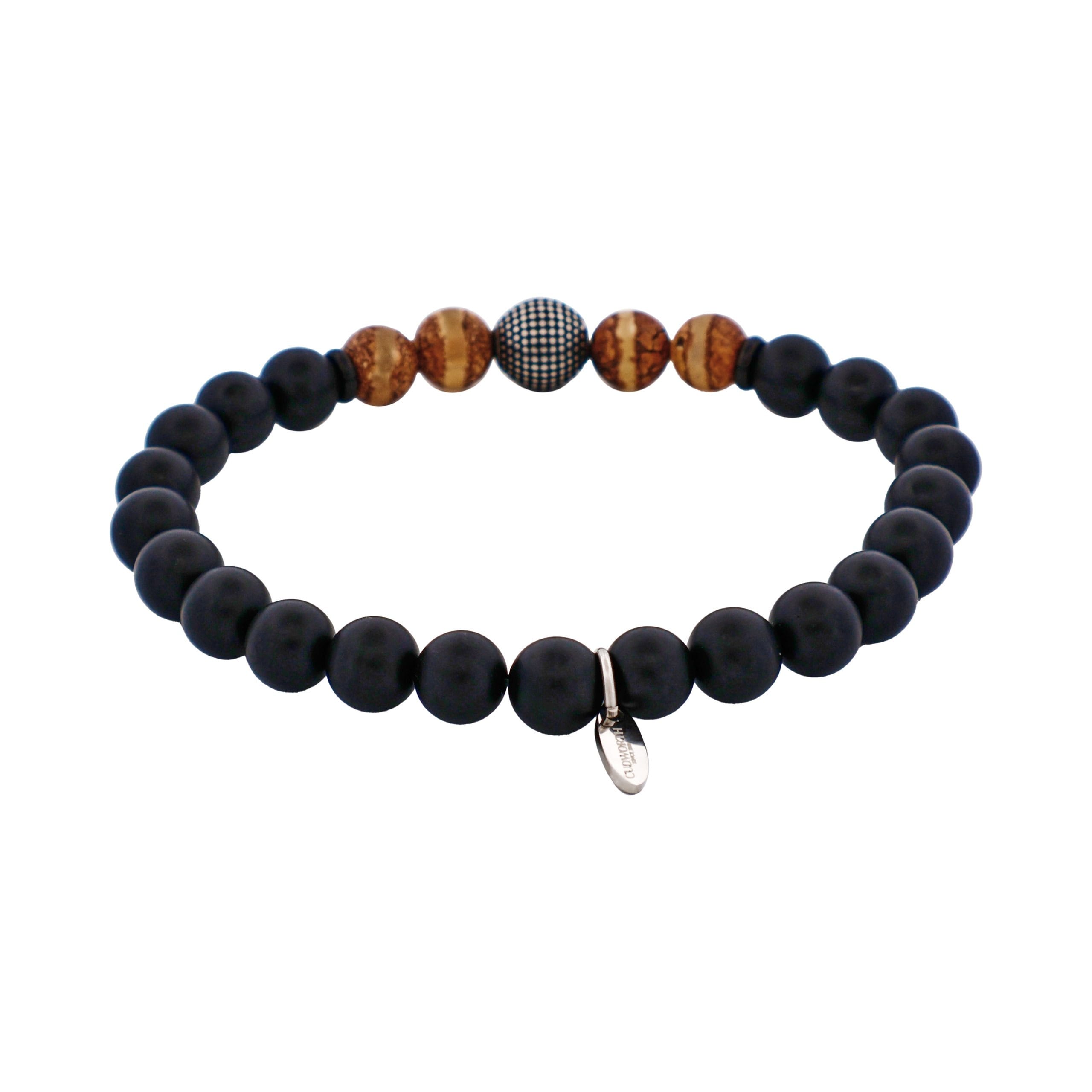 Black Agate & Earth Stone Antique Steel Bead Bracelet