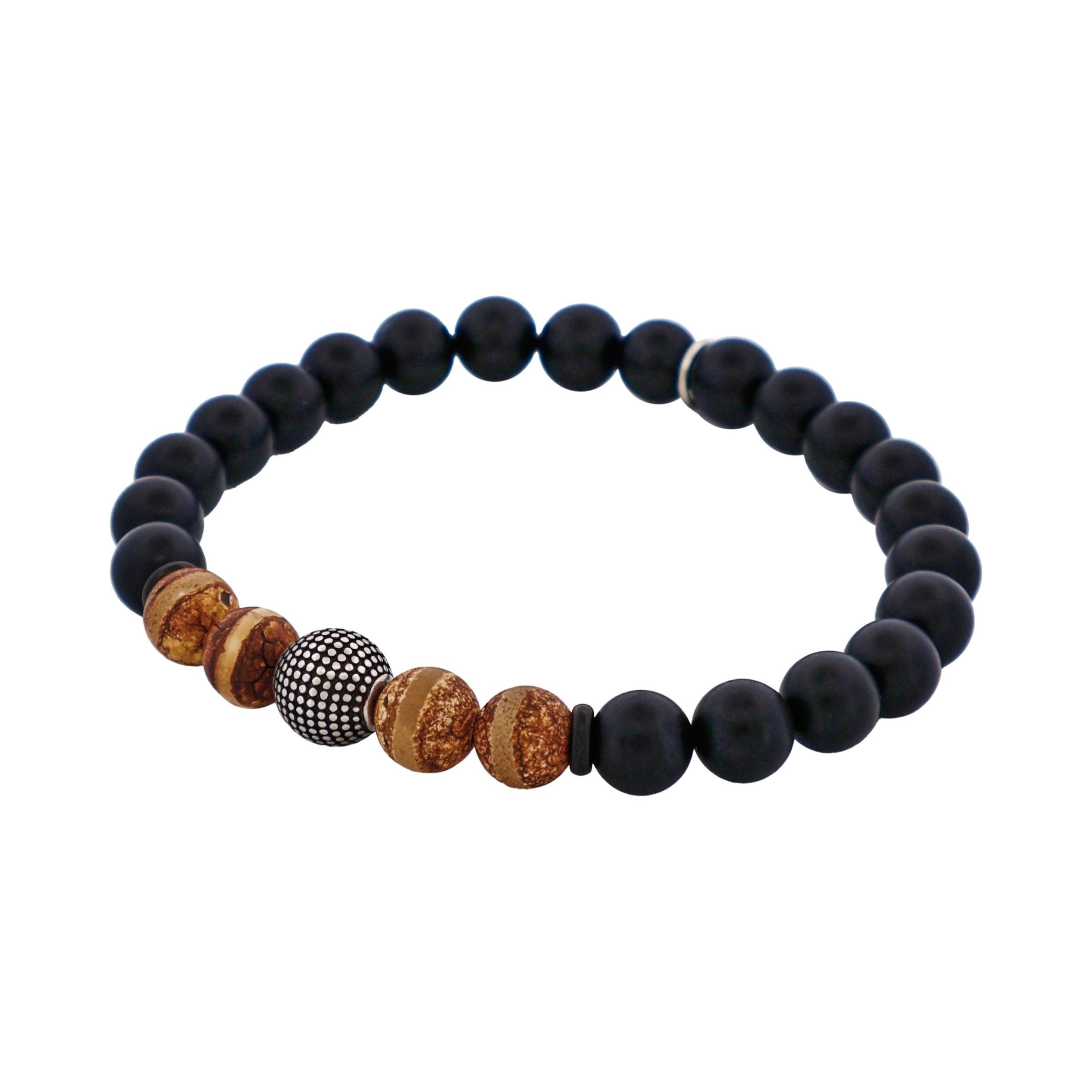 Black Agate & Earth Stone Antique Steel Bead Bracelet