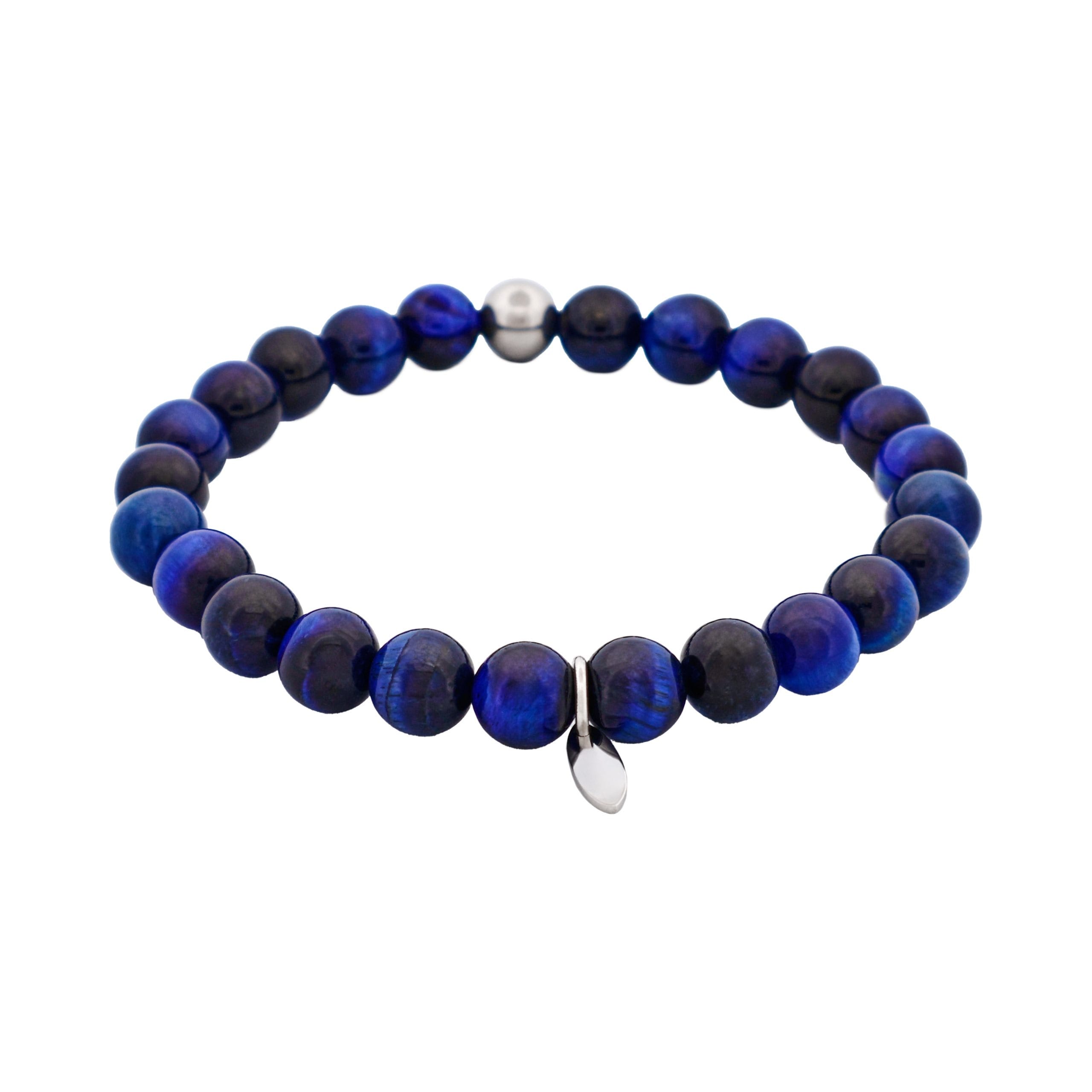 8mm Blue Tiger Eye Stainless Steel Bead Bracelet