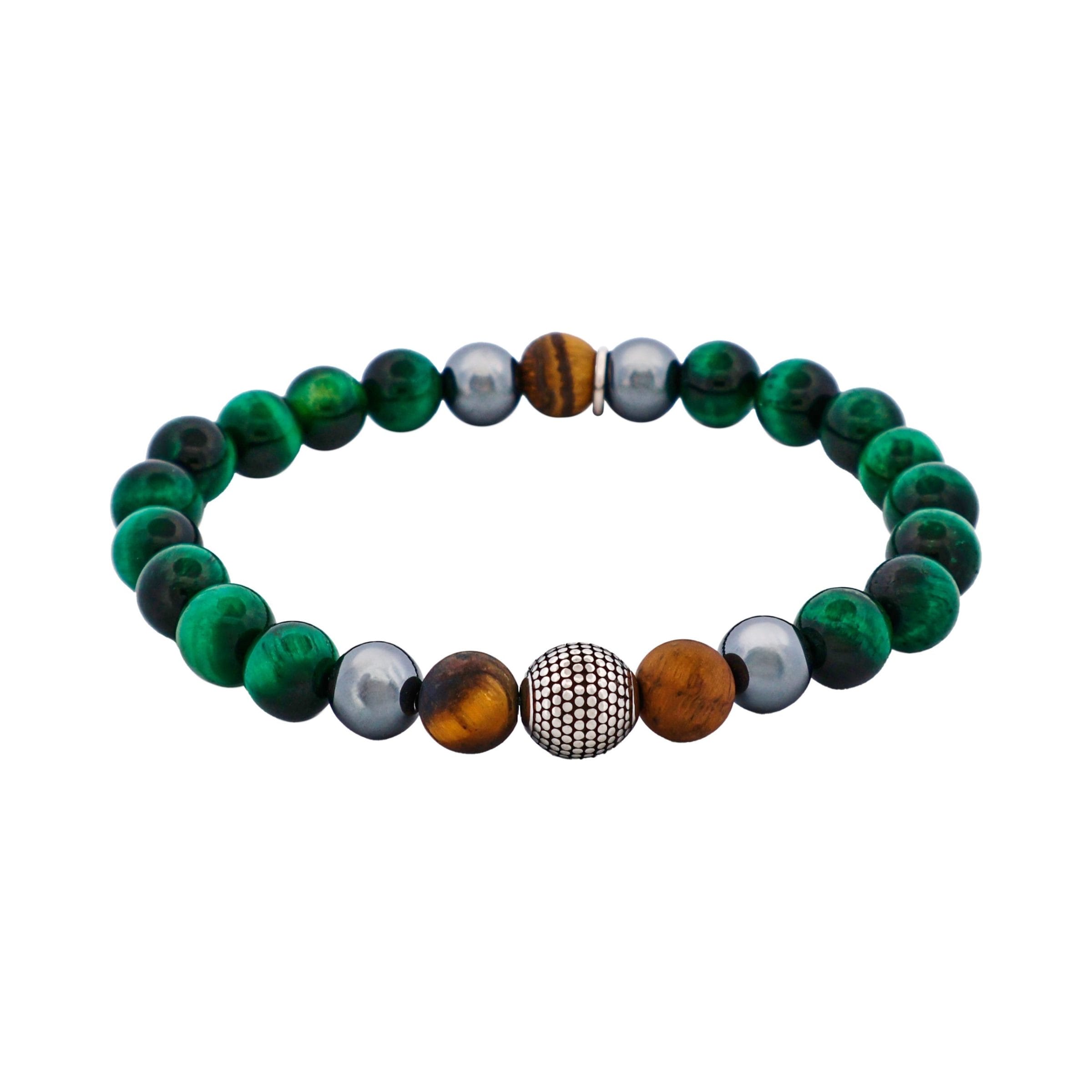 8mm Green Tiger Eye & Hematite & Tiger Eye Bead Ion Plated & Stainless Steel Bracelet