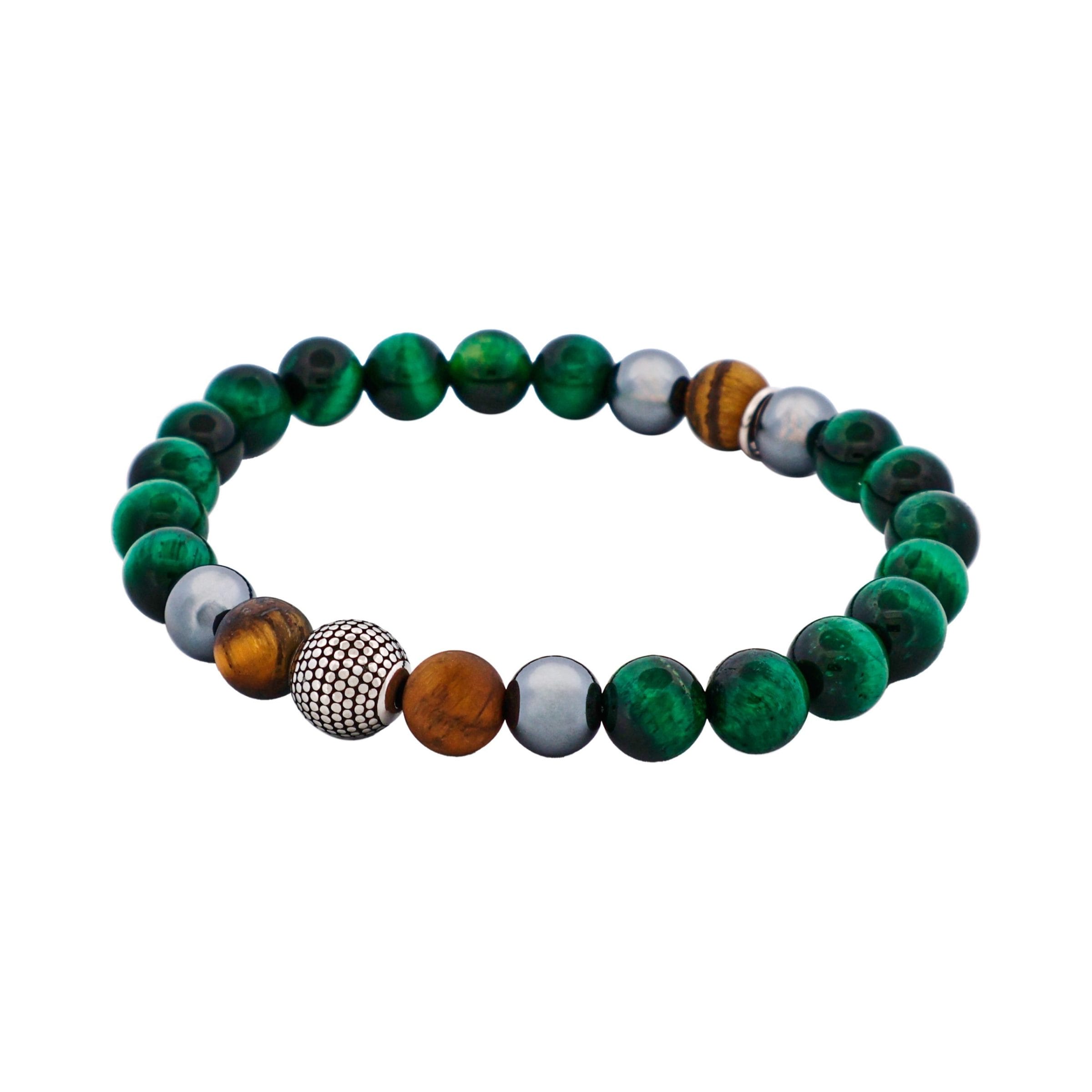 8mm Green Tiger Eye & Hematite & Tiger Eye Bead Ion Plated & Stainless Steel Bracelet