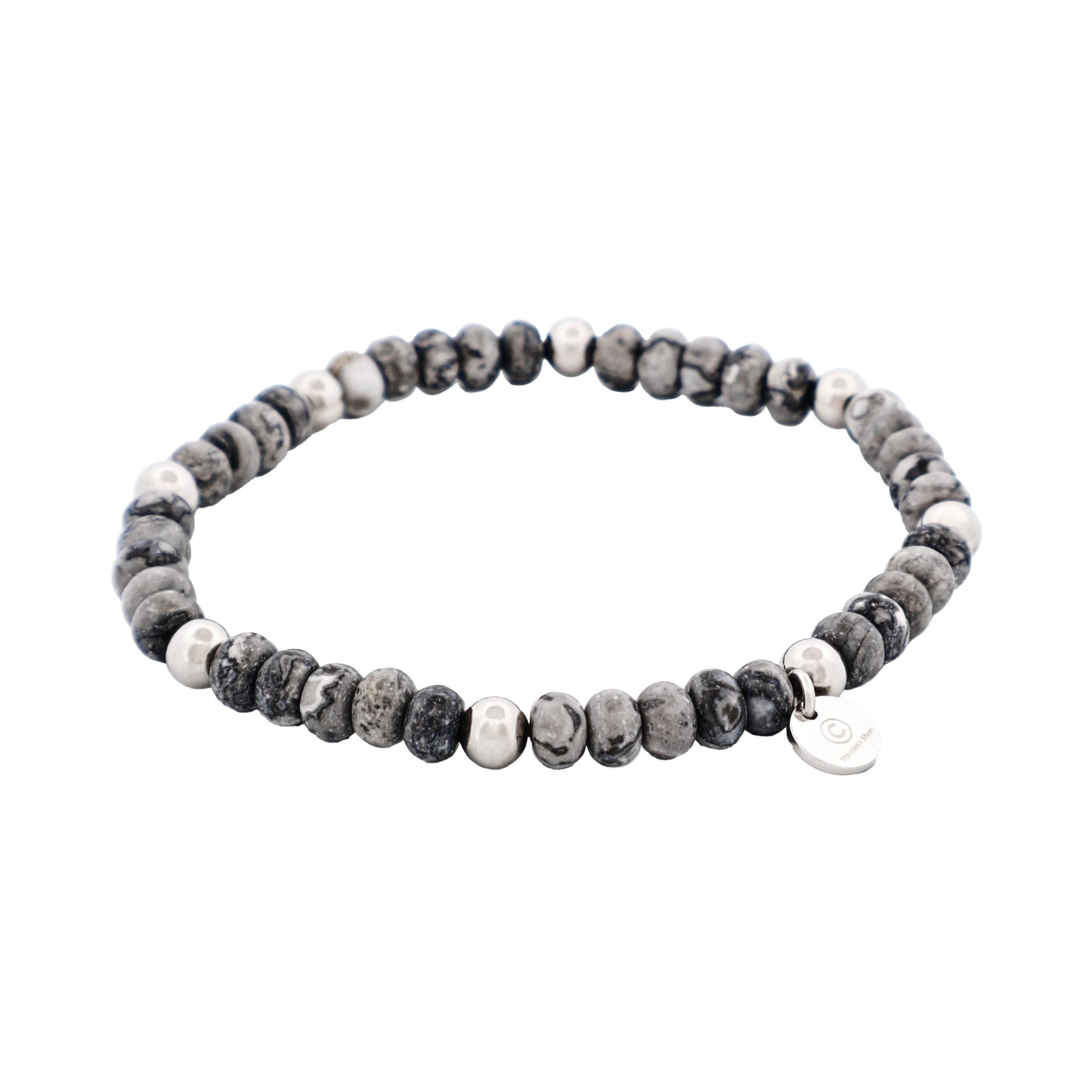 6mm Grey Jasper Stone Beads & Stainless Steel Bracelet