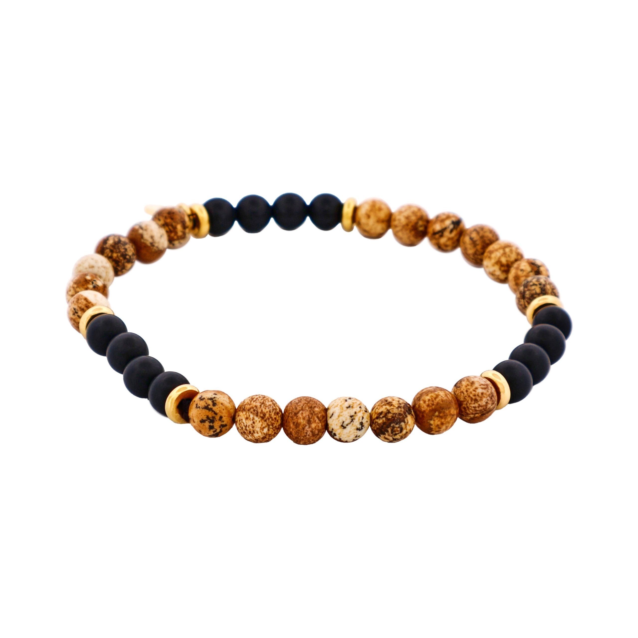 6mm Tan Jasper & Onyx Stone Beads &Ion Plated gold Plated Stainless Steel Bracelet