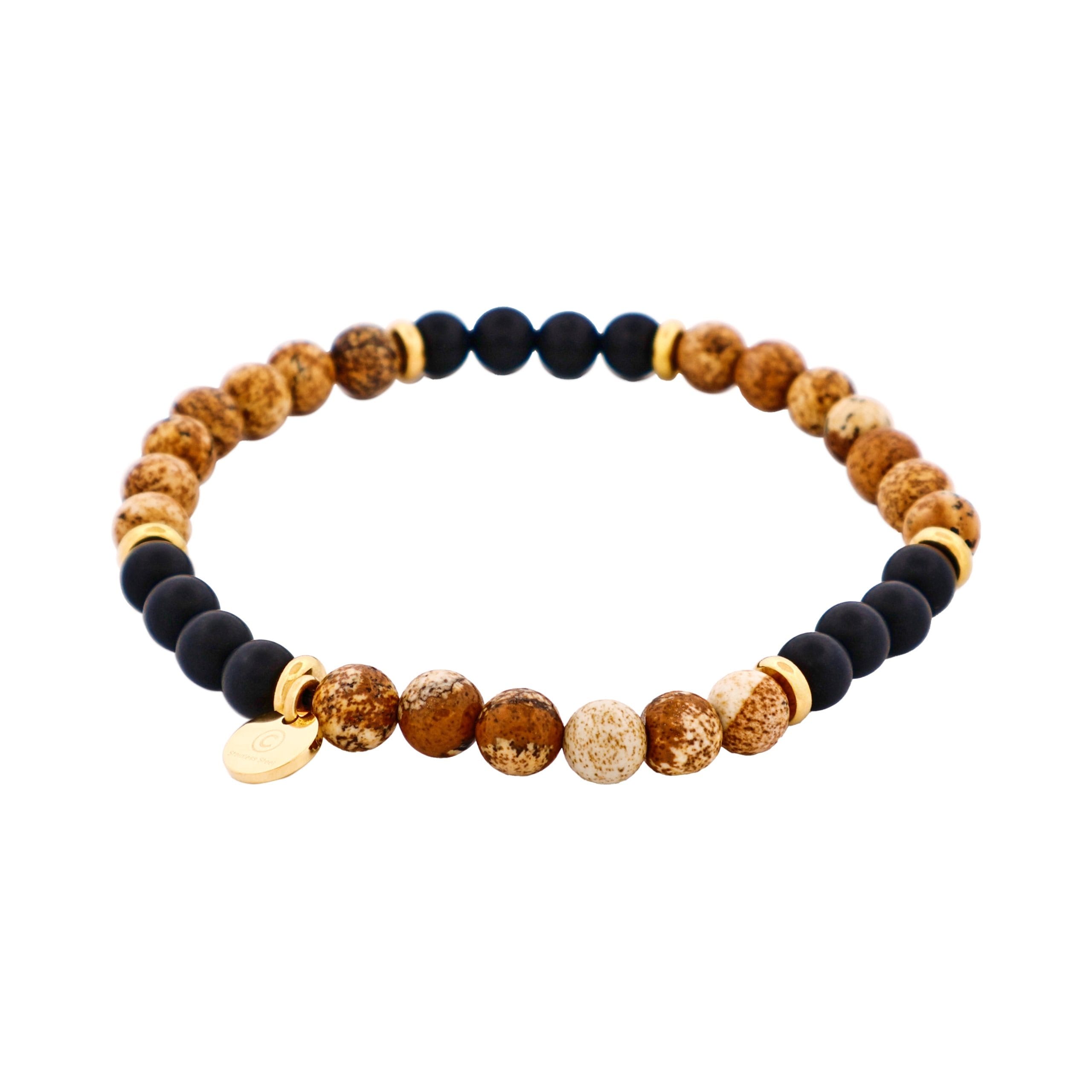 6mm Tan Jasper & Onyx Stone Beads &Ion Plated gold Plated Stainless Steel Bracelet
