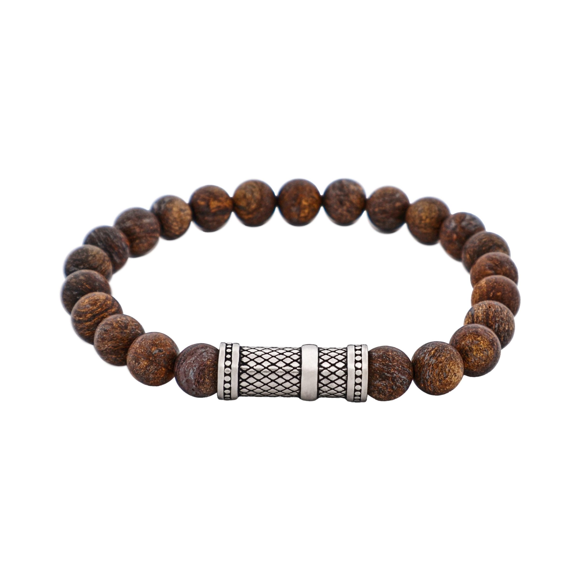 8mm Bronzite Stone Bracelet with Ion Plated Black Lattice Pattern Stainless Steel