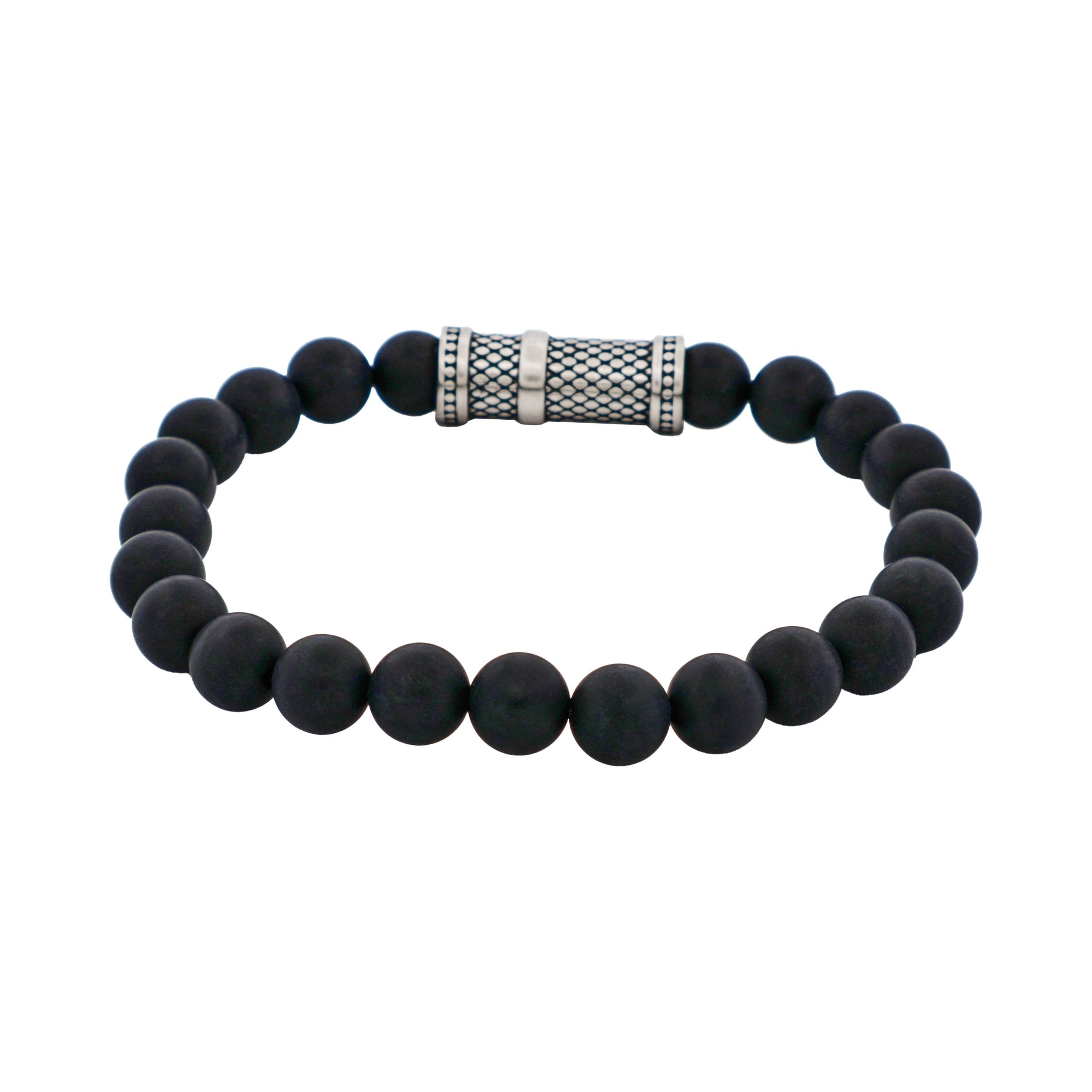 8mm Brushed Black Agate Stone Bracelet with Ion Plated Black Lattice Pattern Stainless Steel