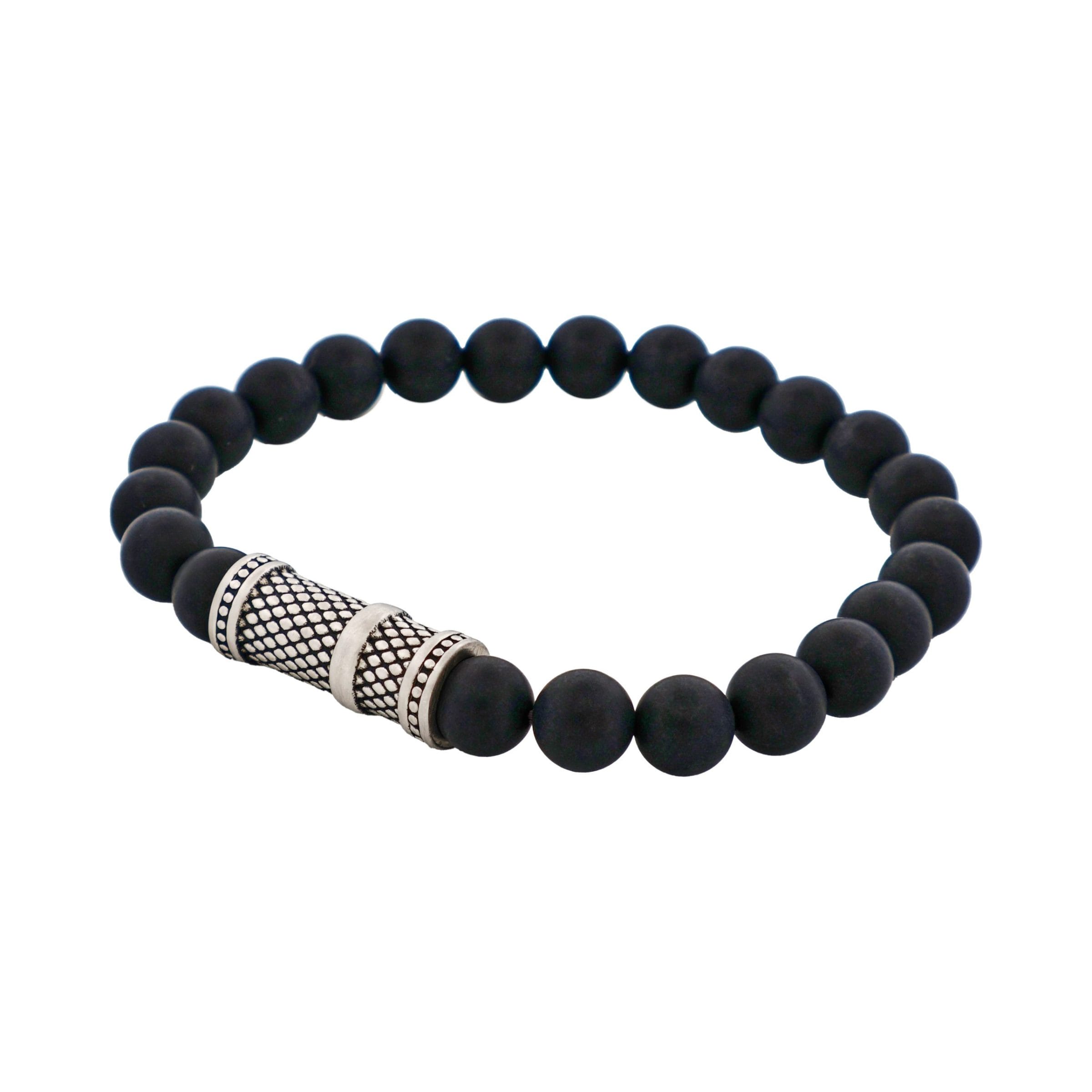 8mm Brushed Black Agate Stone Bracelet with Ion Plated Black Lattice Pattern Stainless Steel