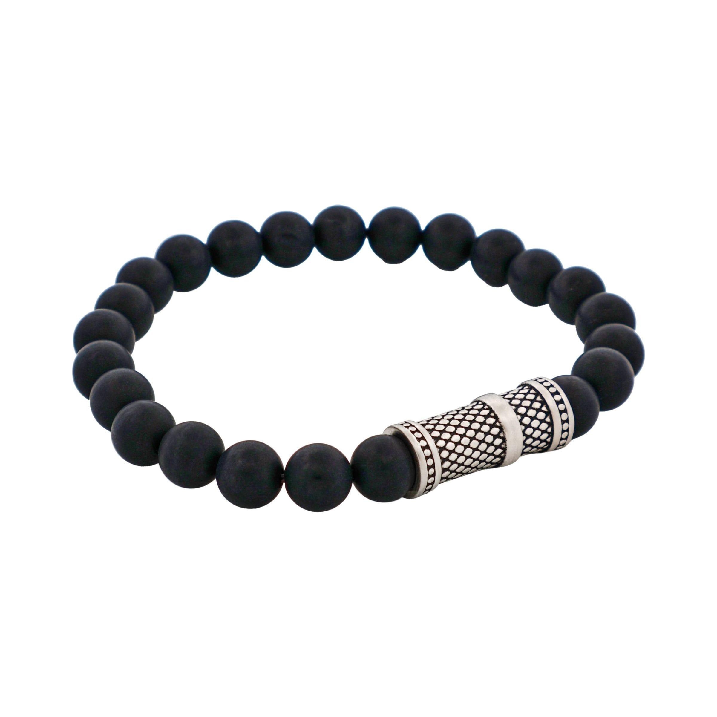 8mm Brushed Black Agate Stone Bracelet with Ion Plated Black Lattice Pattern Stainless Steel