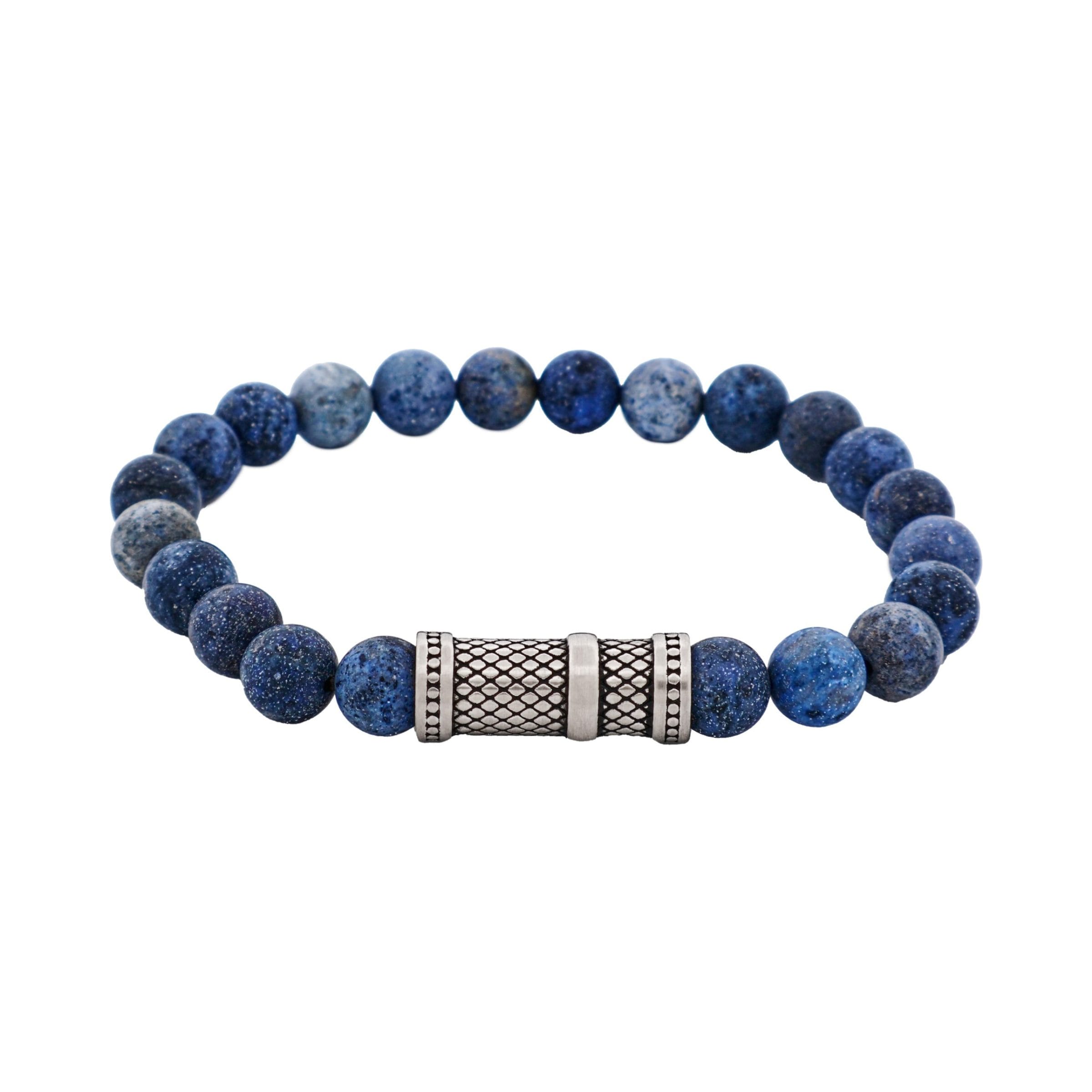Dumortierite Stone Bracelet with Ion Plated Black Lattice Pattern Stainless Steel