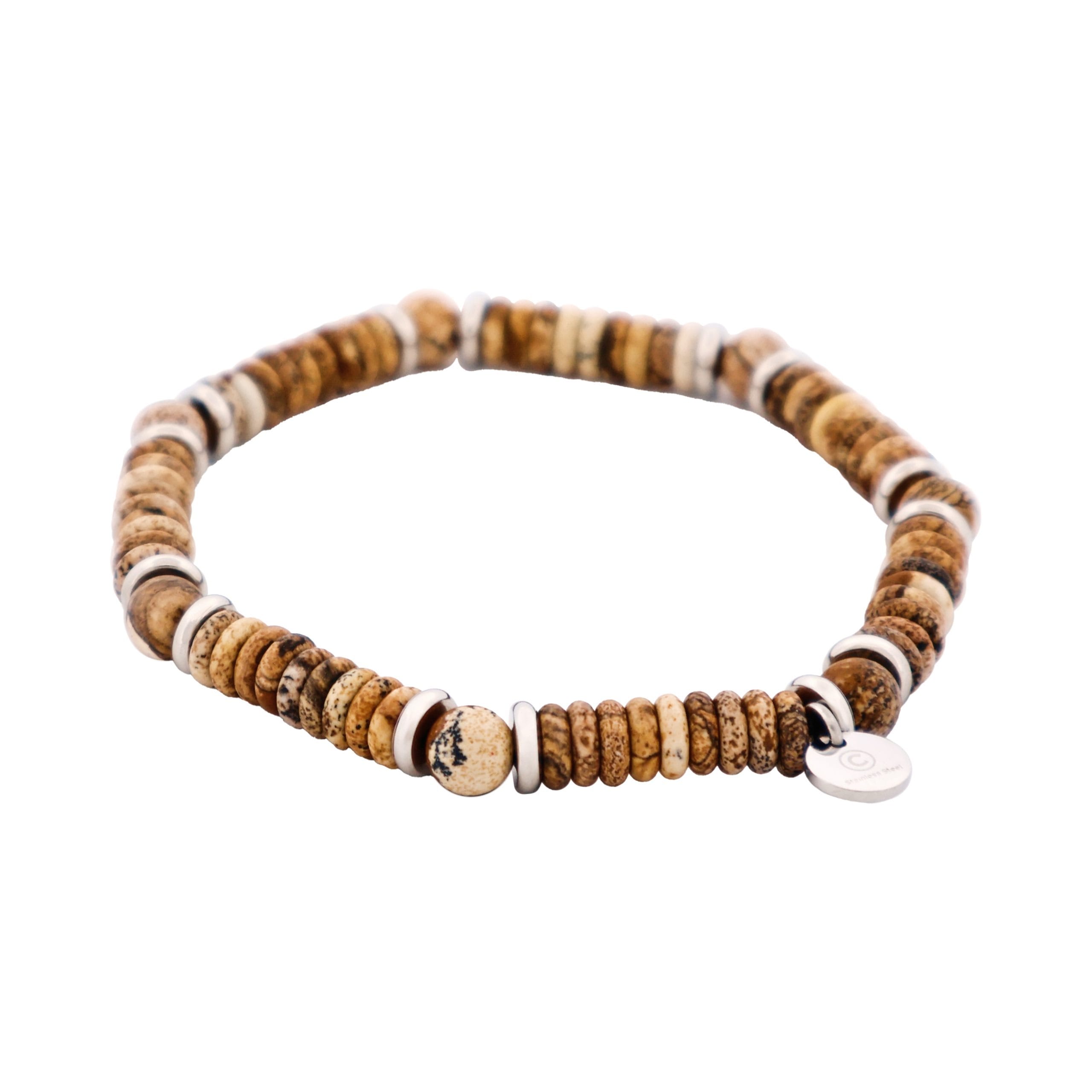 Tan Jasper Stone Beaded & Stainless Steel Bracelet