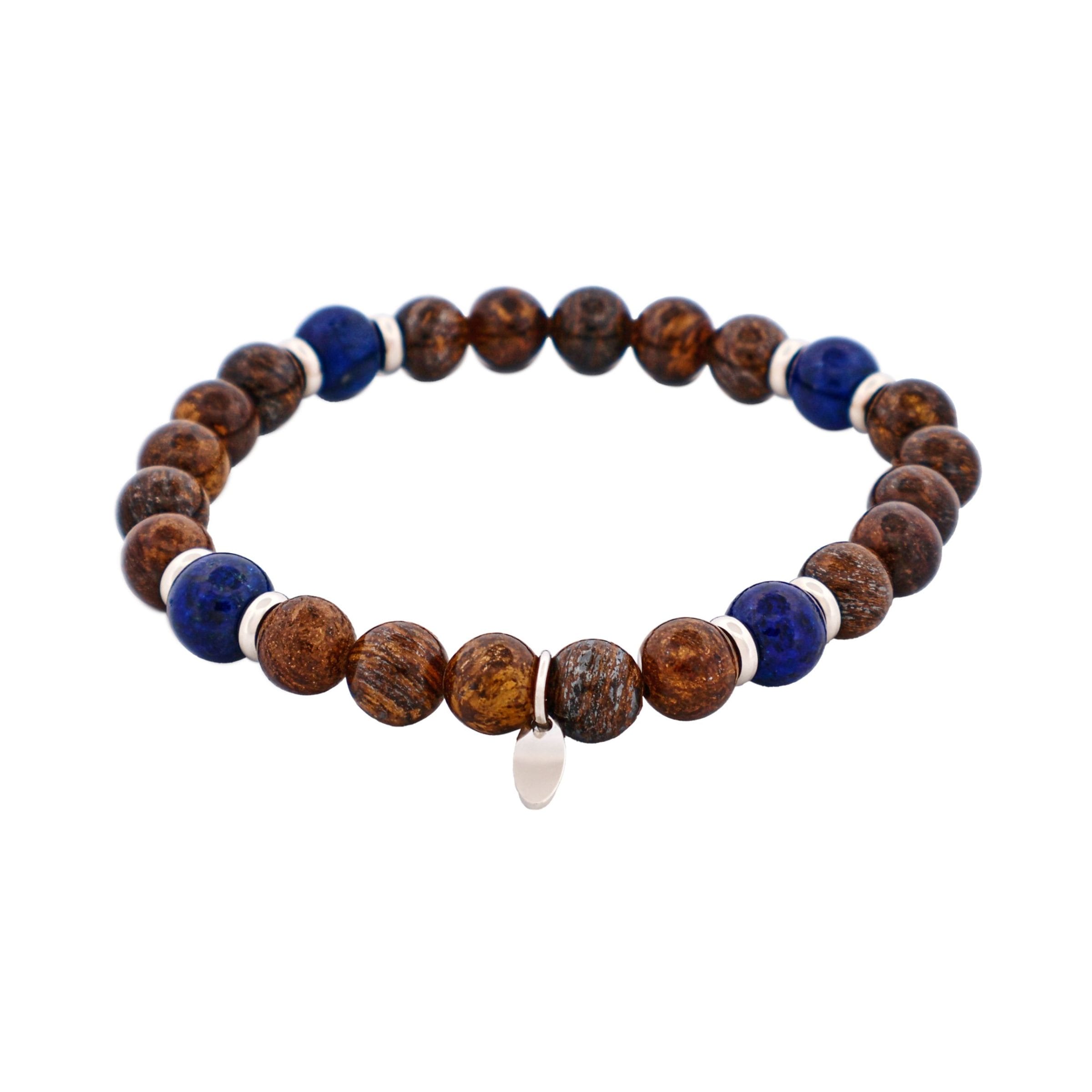 8mm Bronzite & Lapis Lazuli Stainless Steel Beaded Bracelet