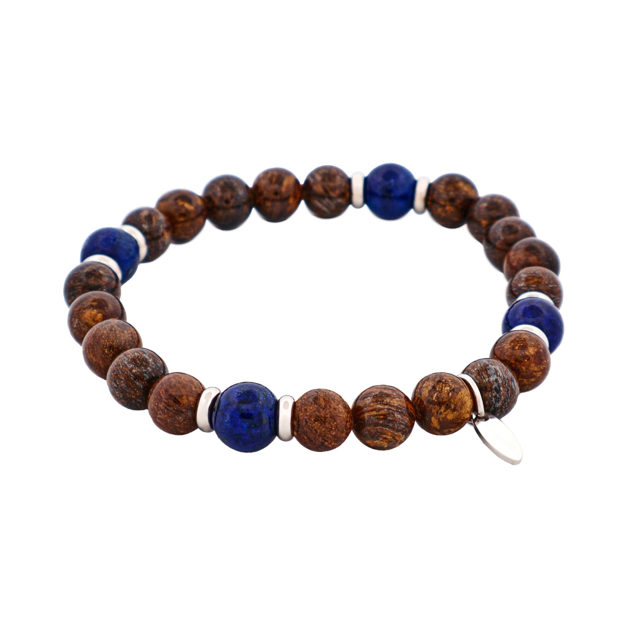 8mm Bronzite & Lapis Lazuli Stainless Steel Beaded Bracelet
