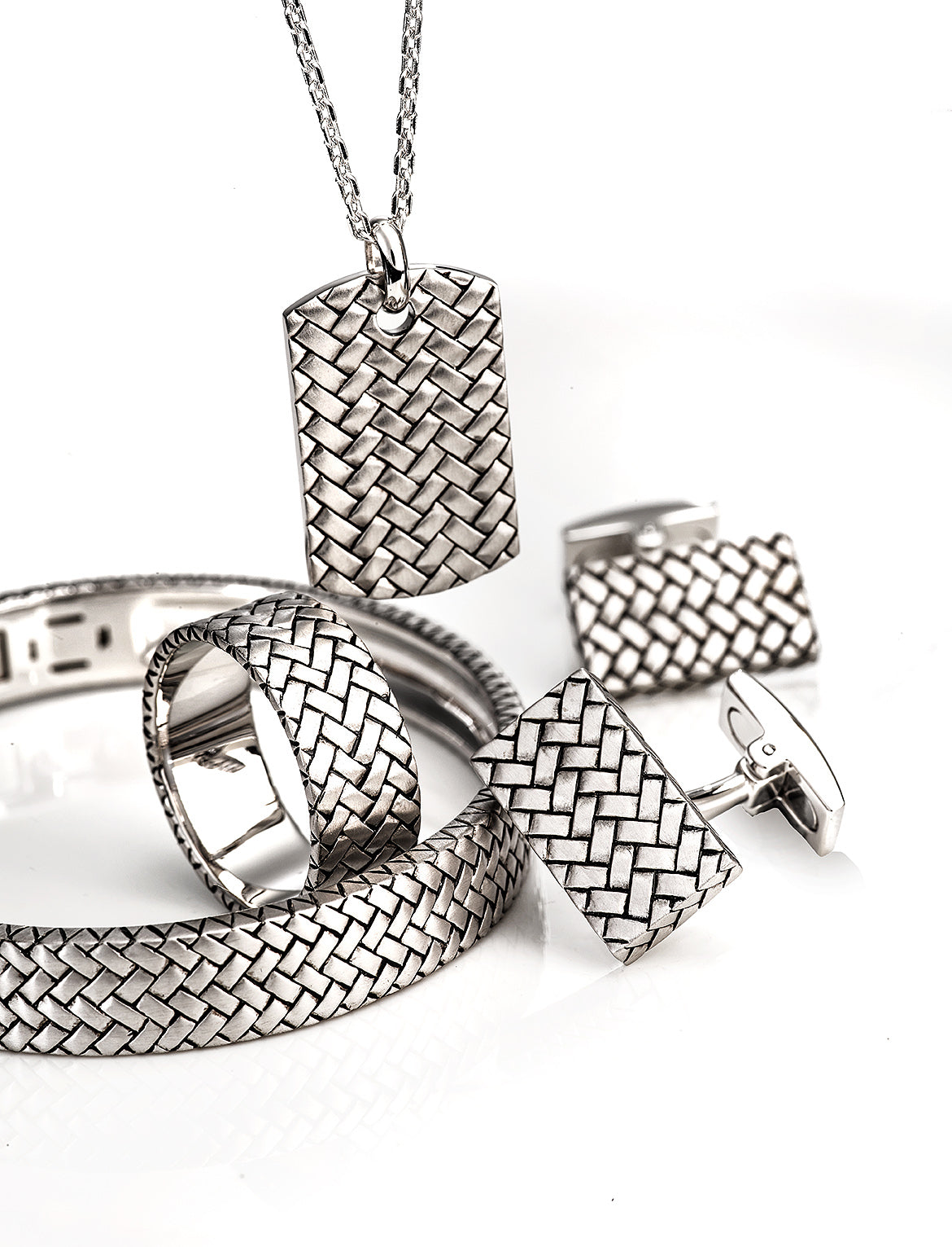 Brushed Rhodium Plated Sterling Silver Woven Pattern Rectangle Cufflinks