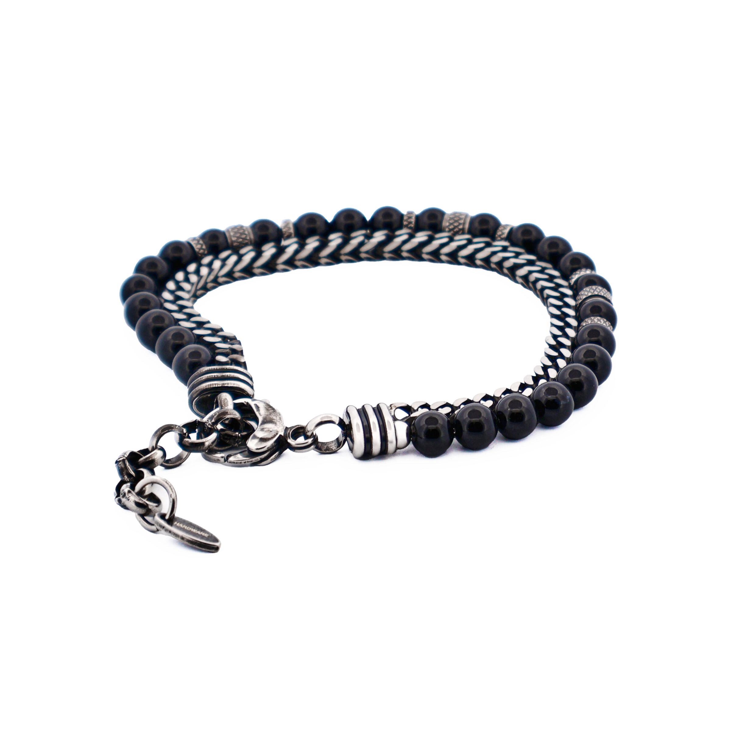 Antique Ion Plated Stainless Steel Gun Agate Beaded Bracelet