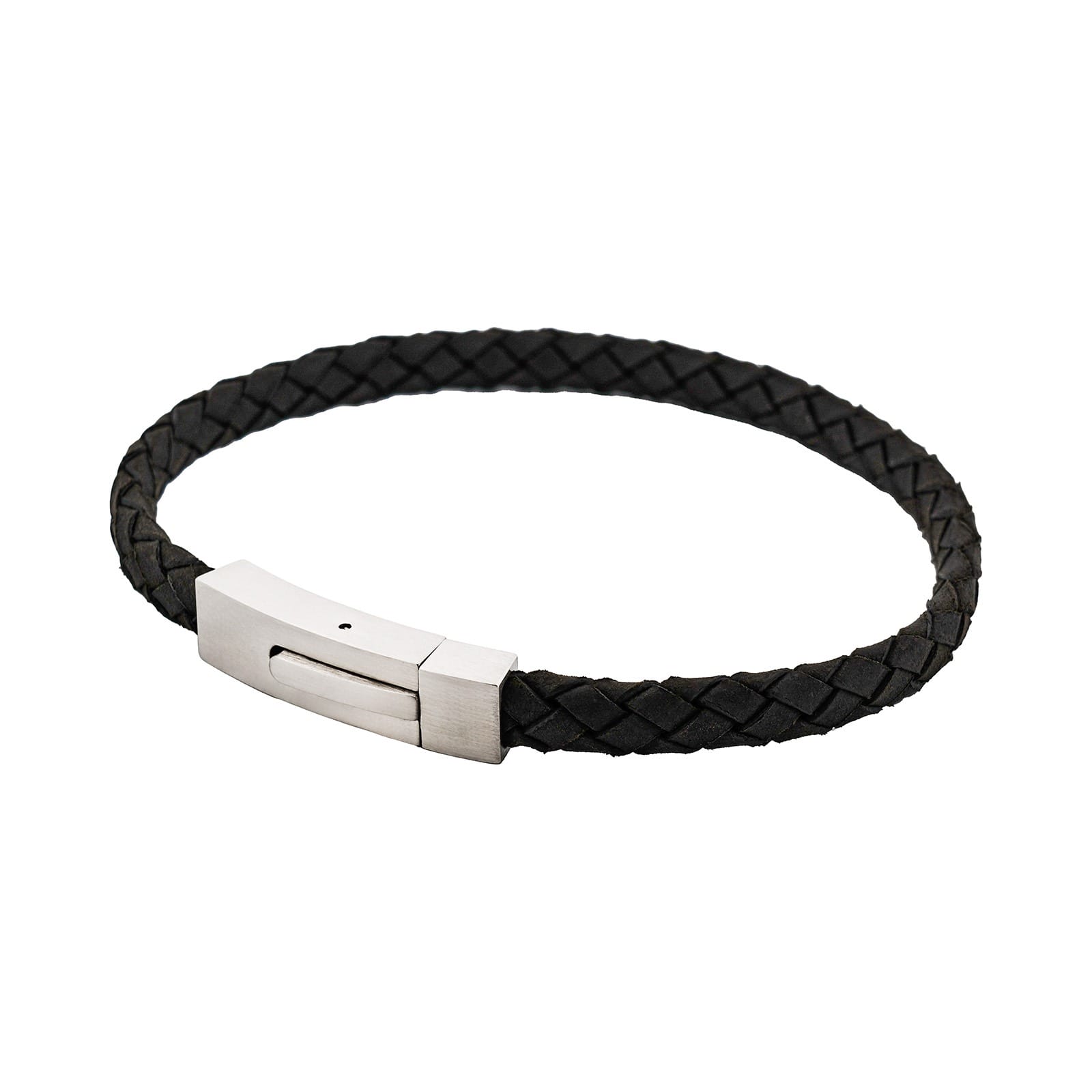 Braided Suede & Steel Calabria Bracelet, 21.5cm x 6mm, Nero