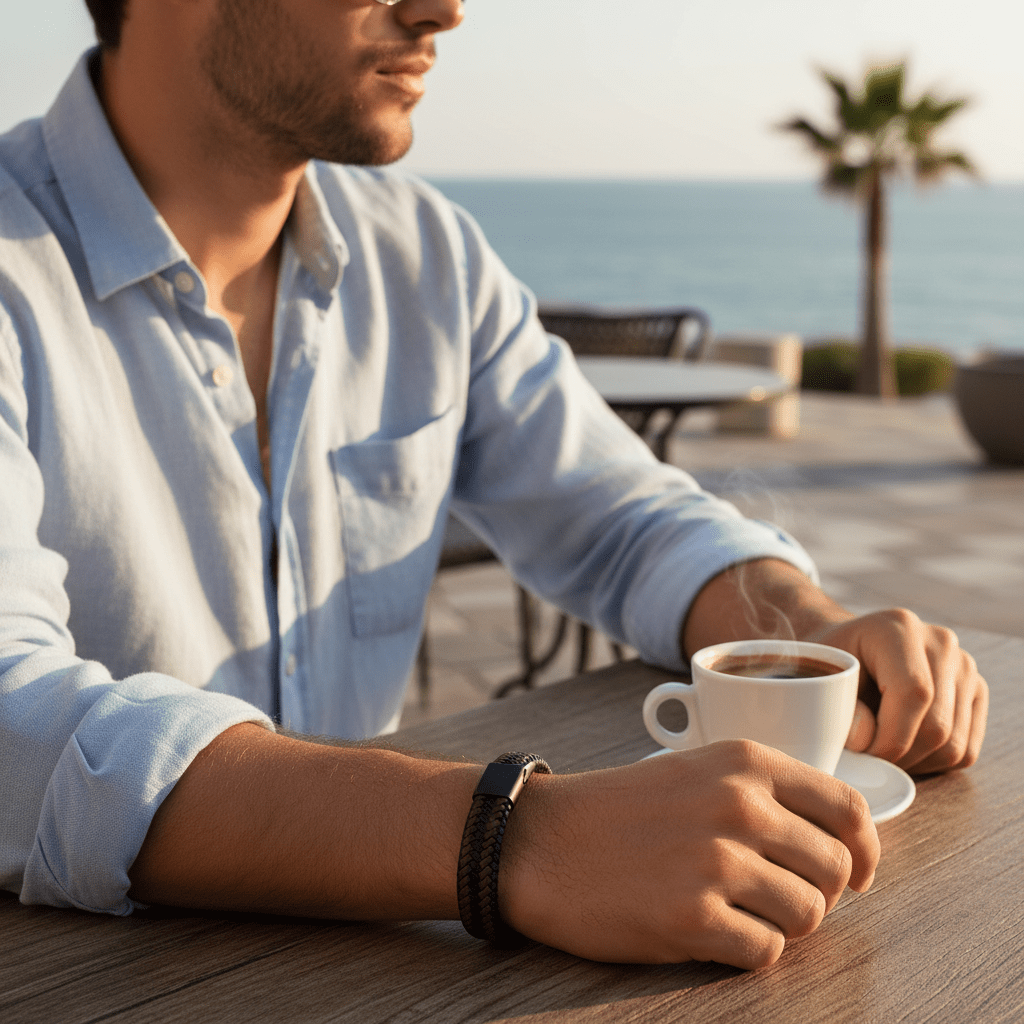Black & Brown Leather Ion Plated Black Steel Bracelet