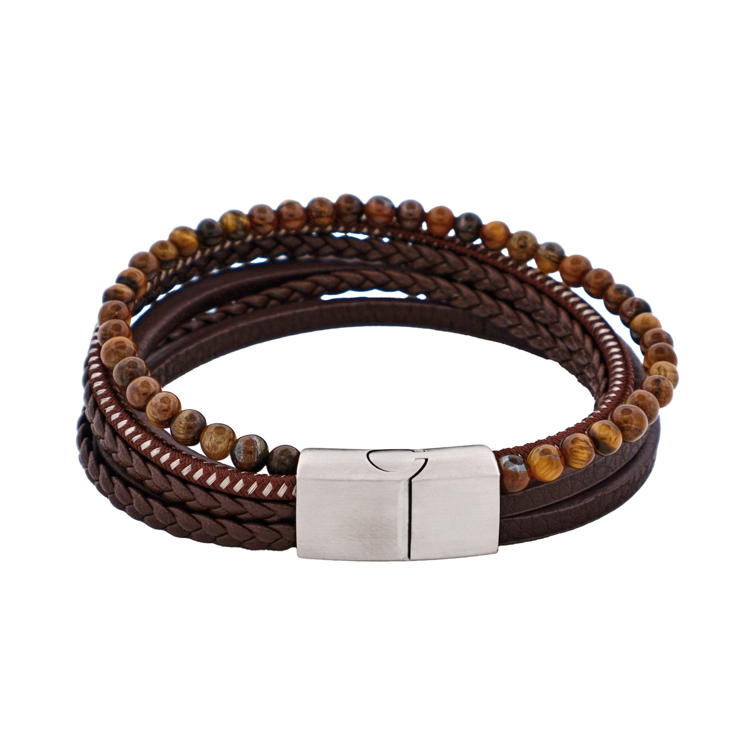 Brown Leather Multi Strand & Tiger Eye Stainless Steel Bracelet
