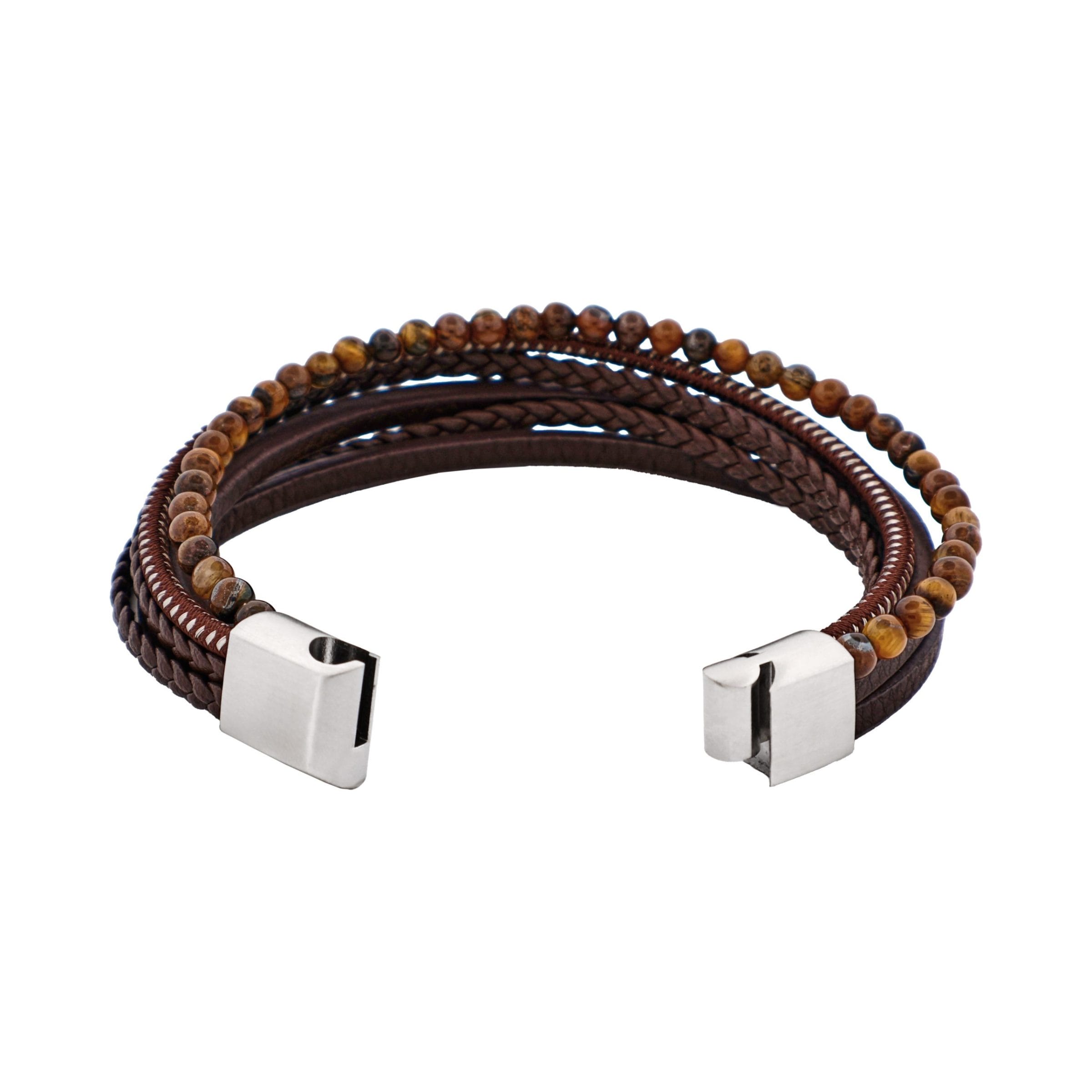 Brown Leather Multi Strand & Tiger Eye Stainless Steel Bracelet