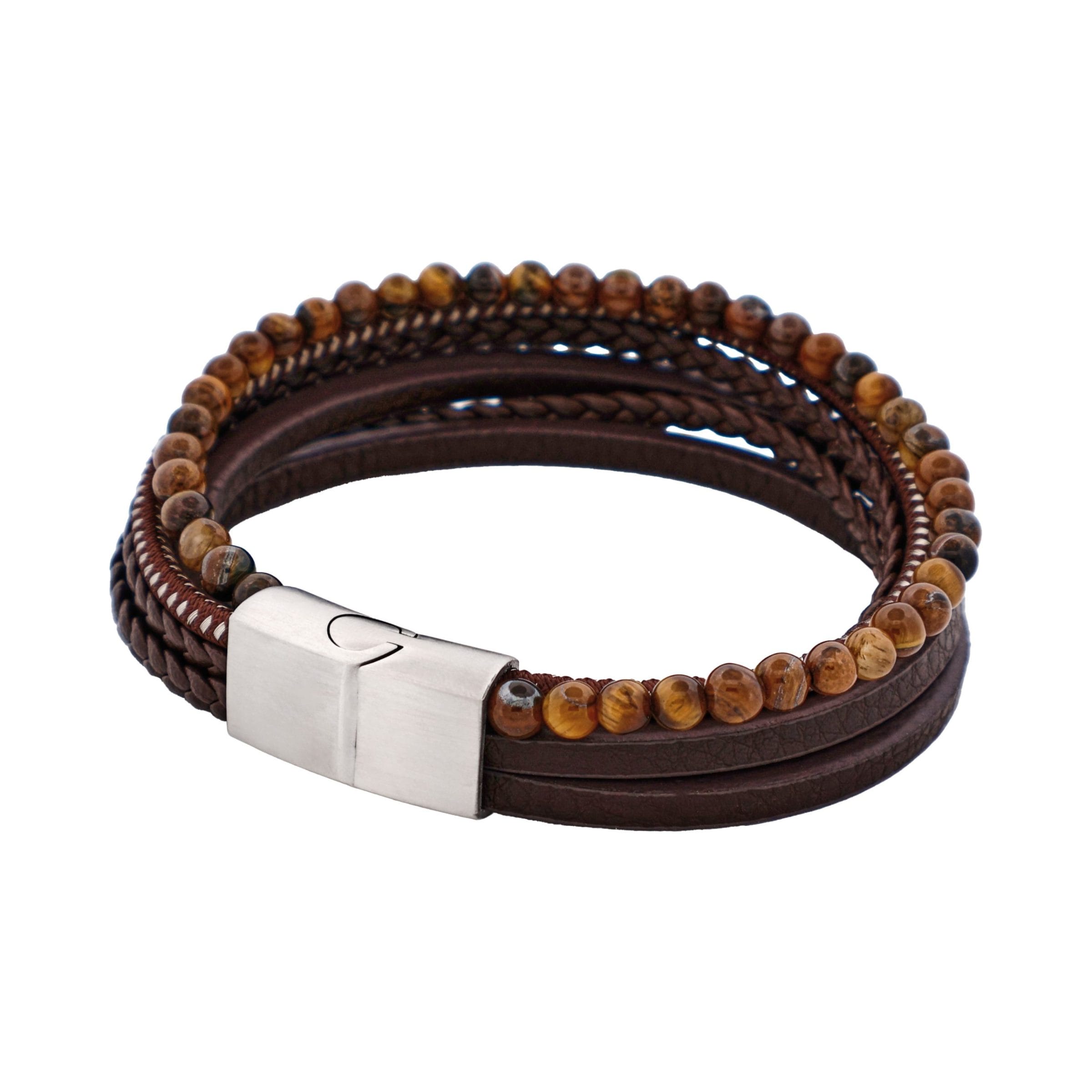 Brown Leather Multi Strand & Tiger Eye Stainless Steel Bracelet