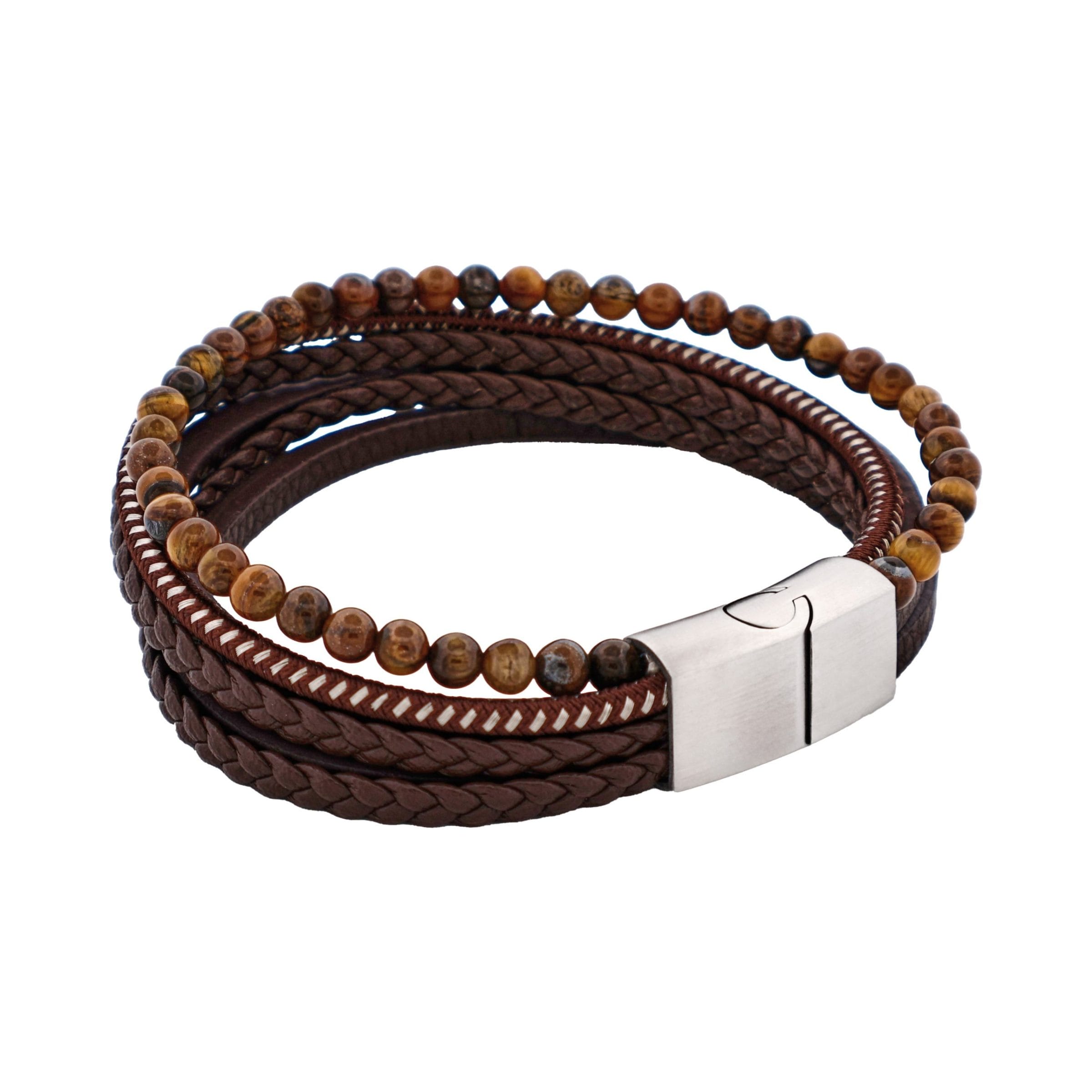 Brown Leather Multi Strand & Tiger Eye Stainless Steel Bracelet