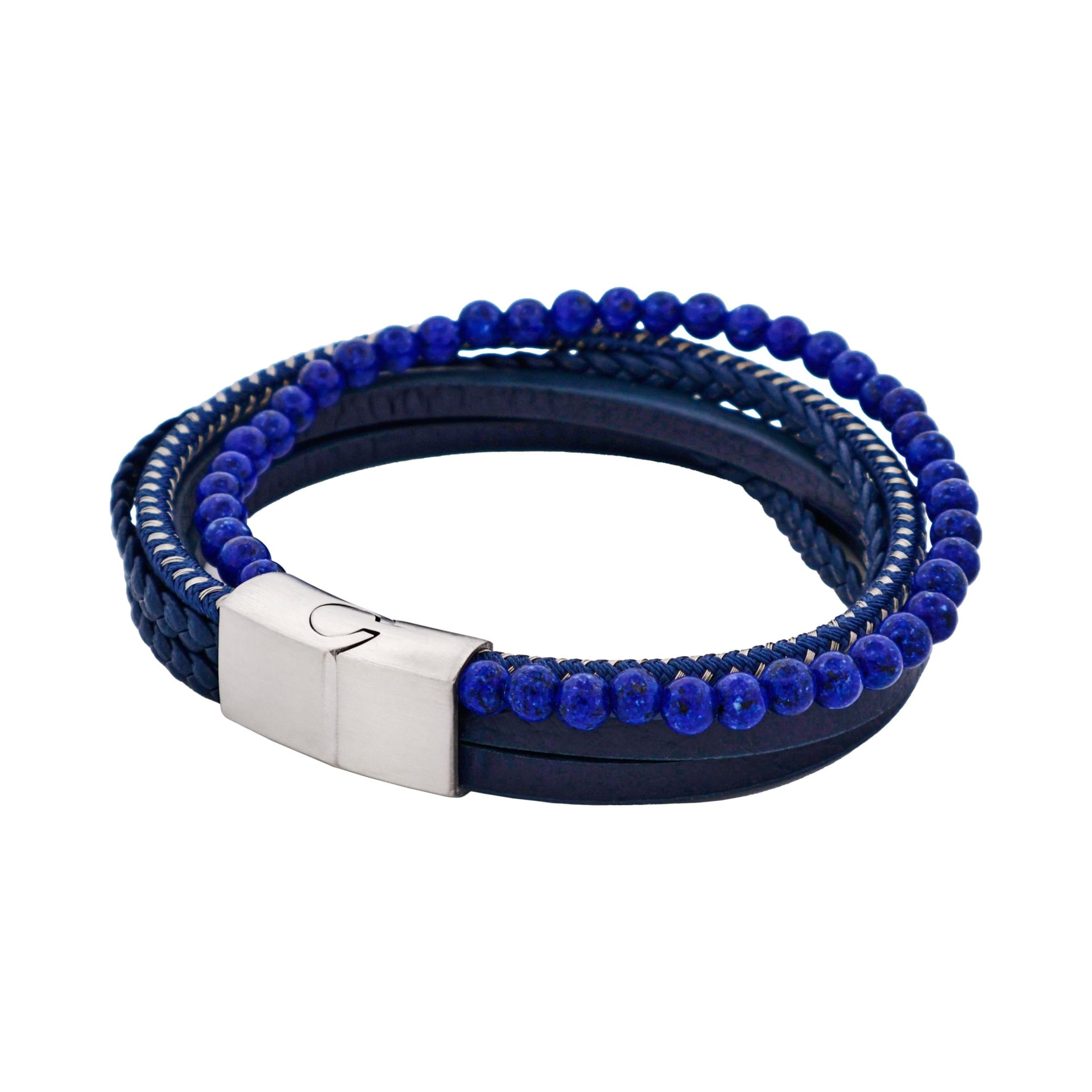 Blue Leather Multi Strand & Lapis Stainless Steel Bracelet