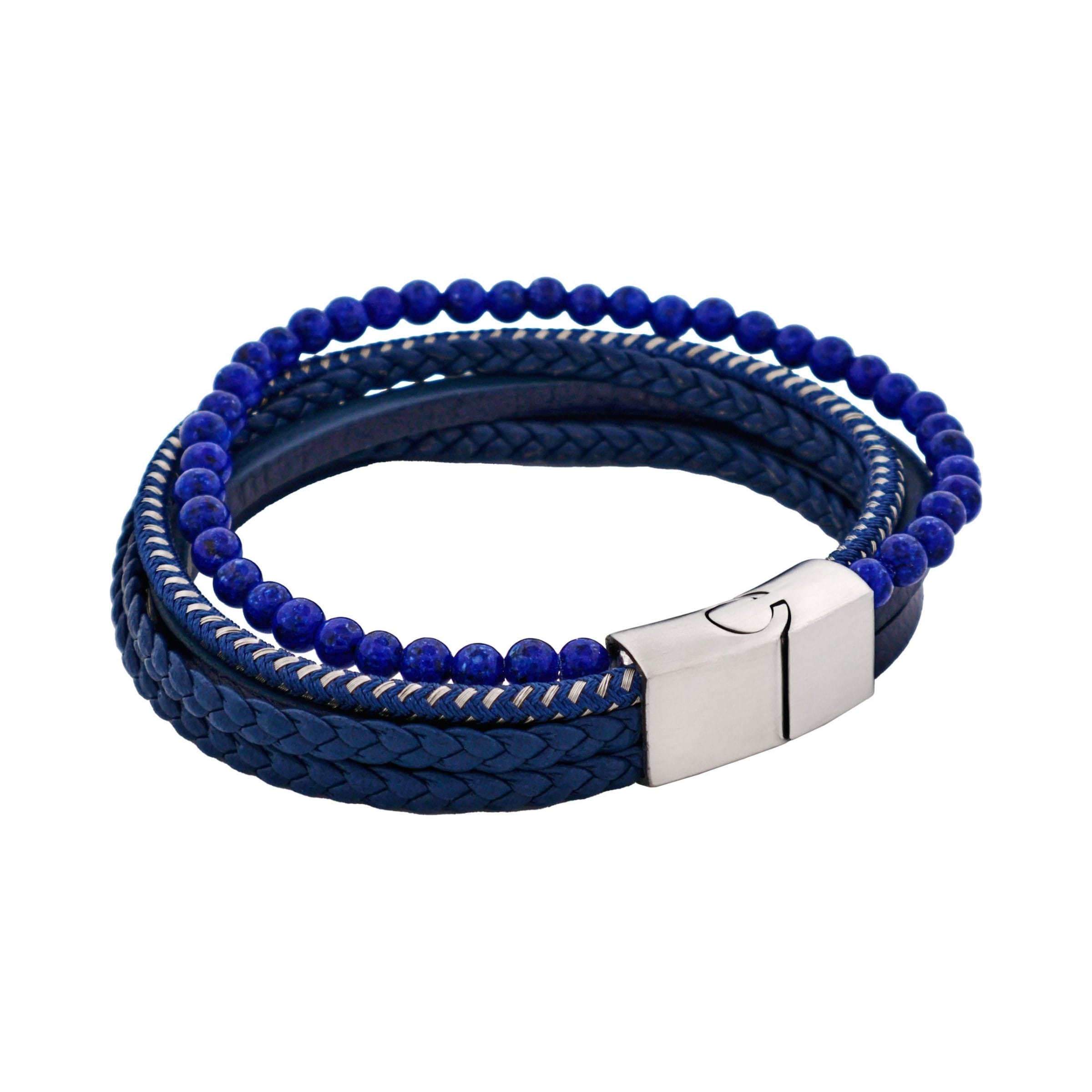Blue Leather Multi Strand & Lapis Stainless Steel Bracelet