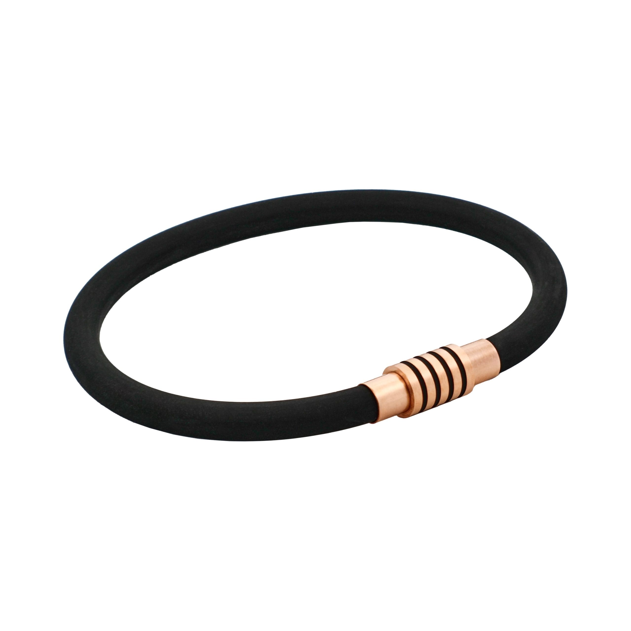 Black Silicone Bracelet with Ion Plated Black Stripes On Ion Plated Rose Gold Stainless Steel Clasp