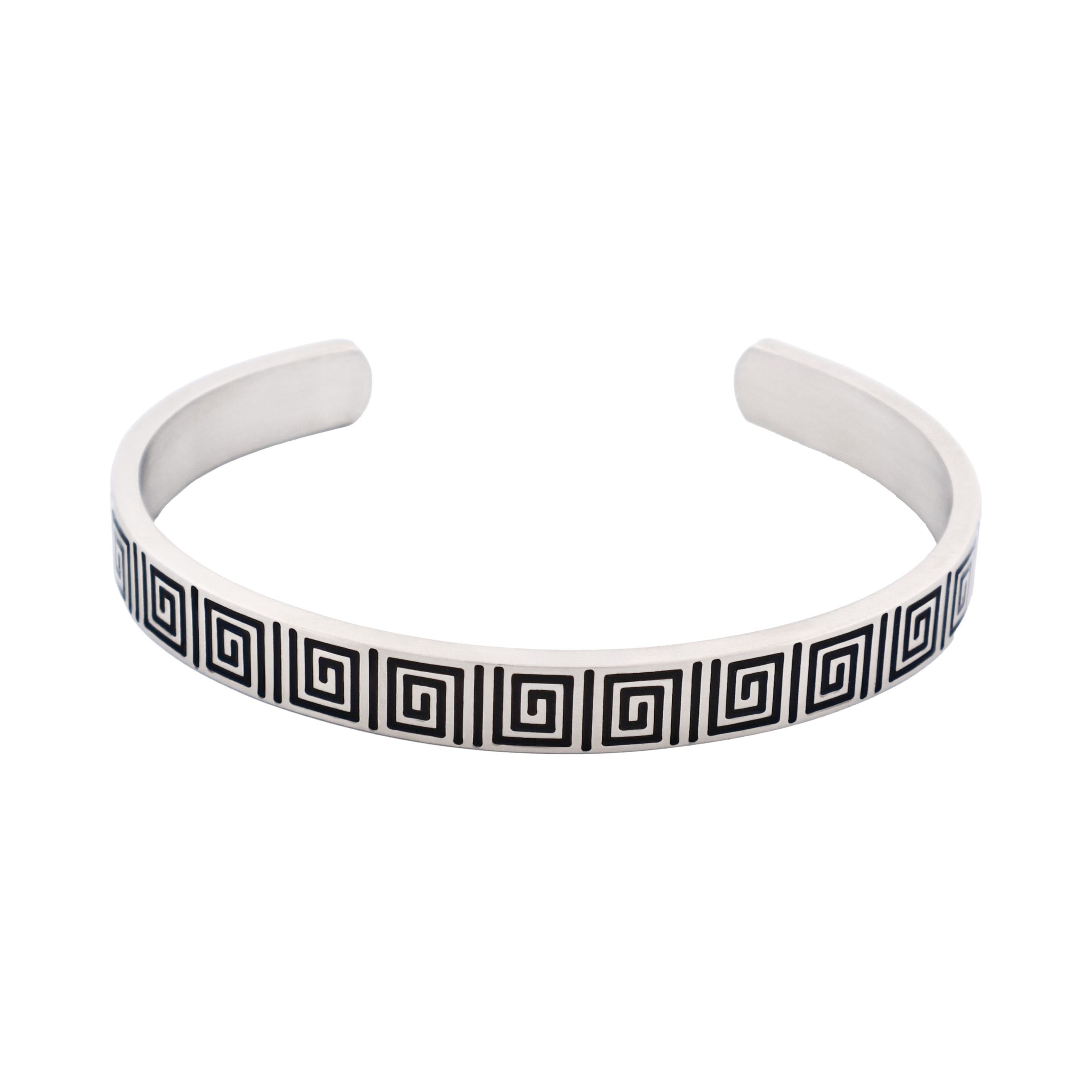 Brushed Stainless Steel Black Enamel Greek Key Pattern Cuff/Bangle