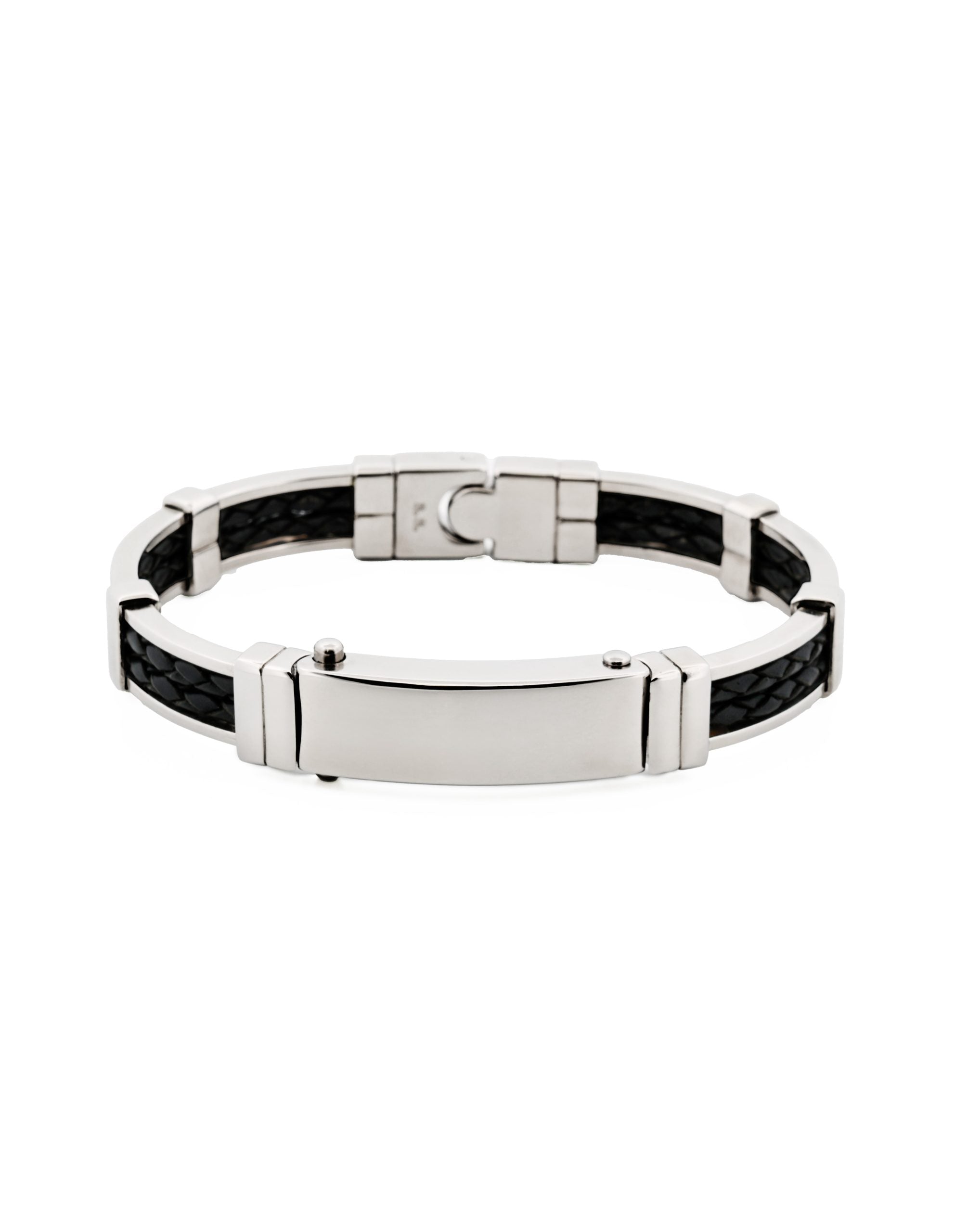 Stainless Steel Black leather Bangle - Small - top opening