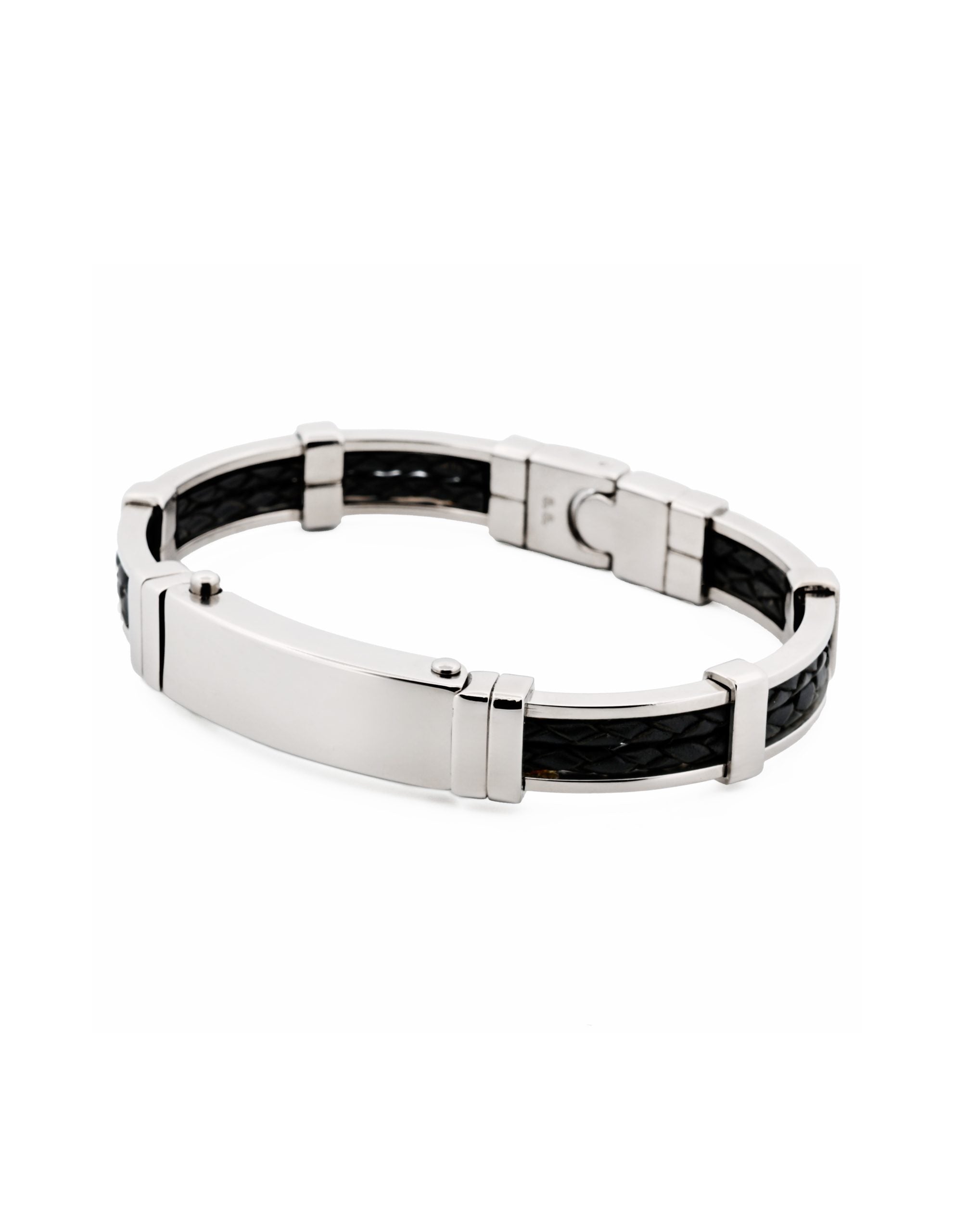Stainless Steel Black leather Bangle - Small - top opening