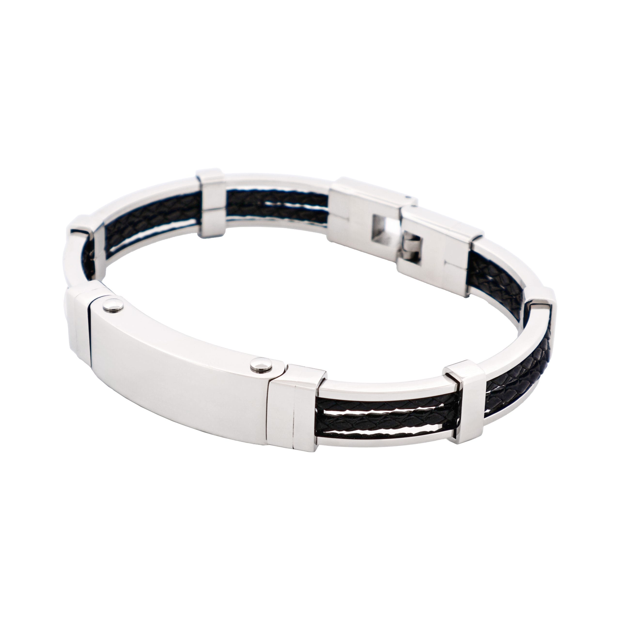 Polished Stainless Steel Bracelet with Double Strand Braided Black Leather