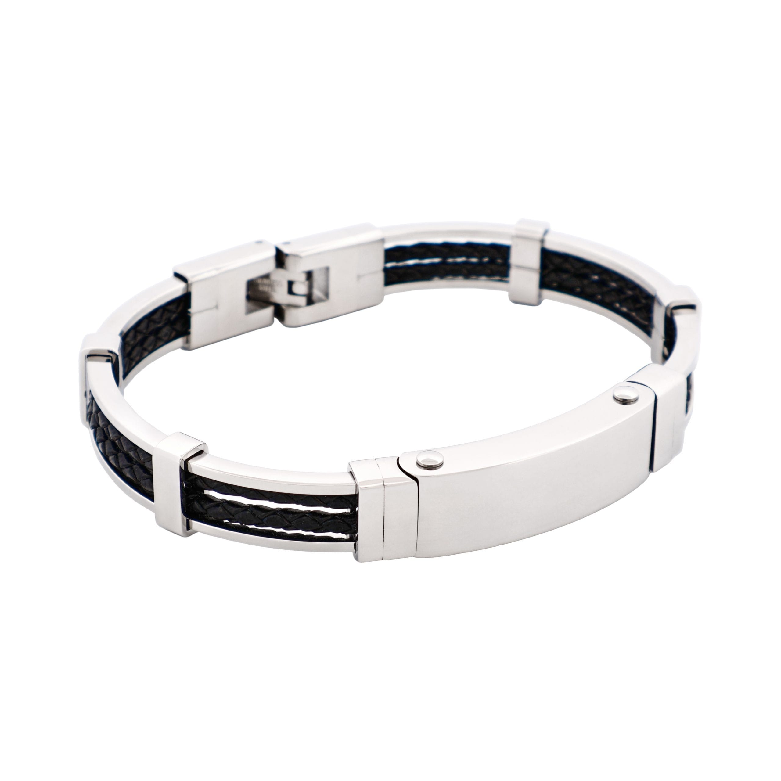 Polished Stainless Steel Bracelet with Double Strand Braided Black Leather