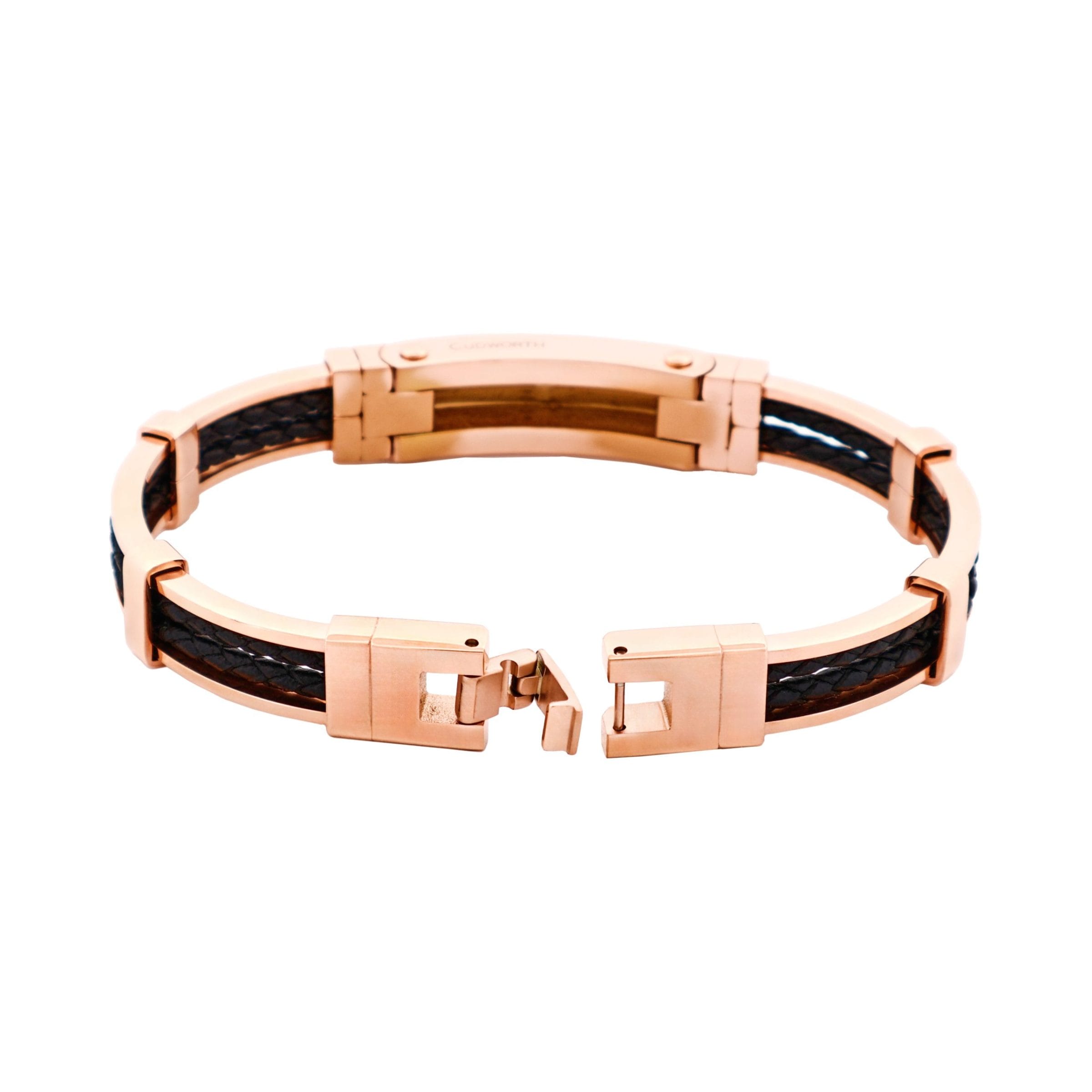 Polished Ion Plated Rose Gold Stainless Steel Bracelet with Double Strand Braided Black Leather