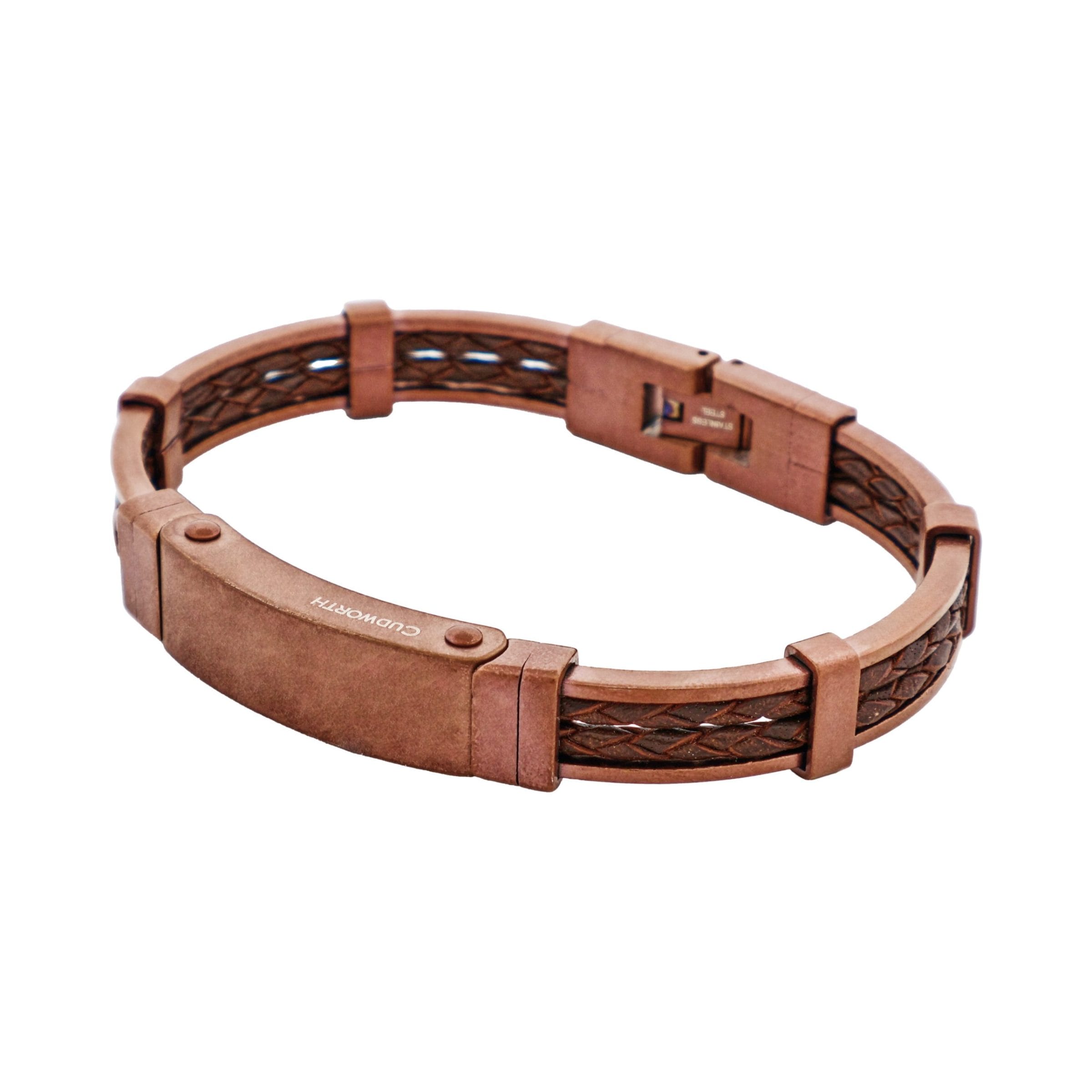 Antique Ion Plated Brown Stainless Steel Bracelet with Double Strand Braided Brown Leather