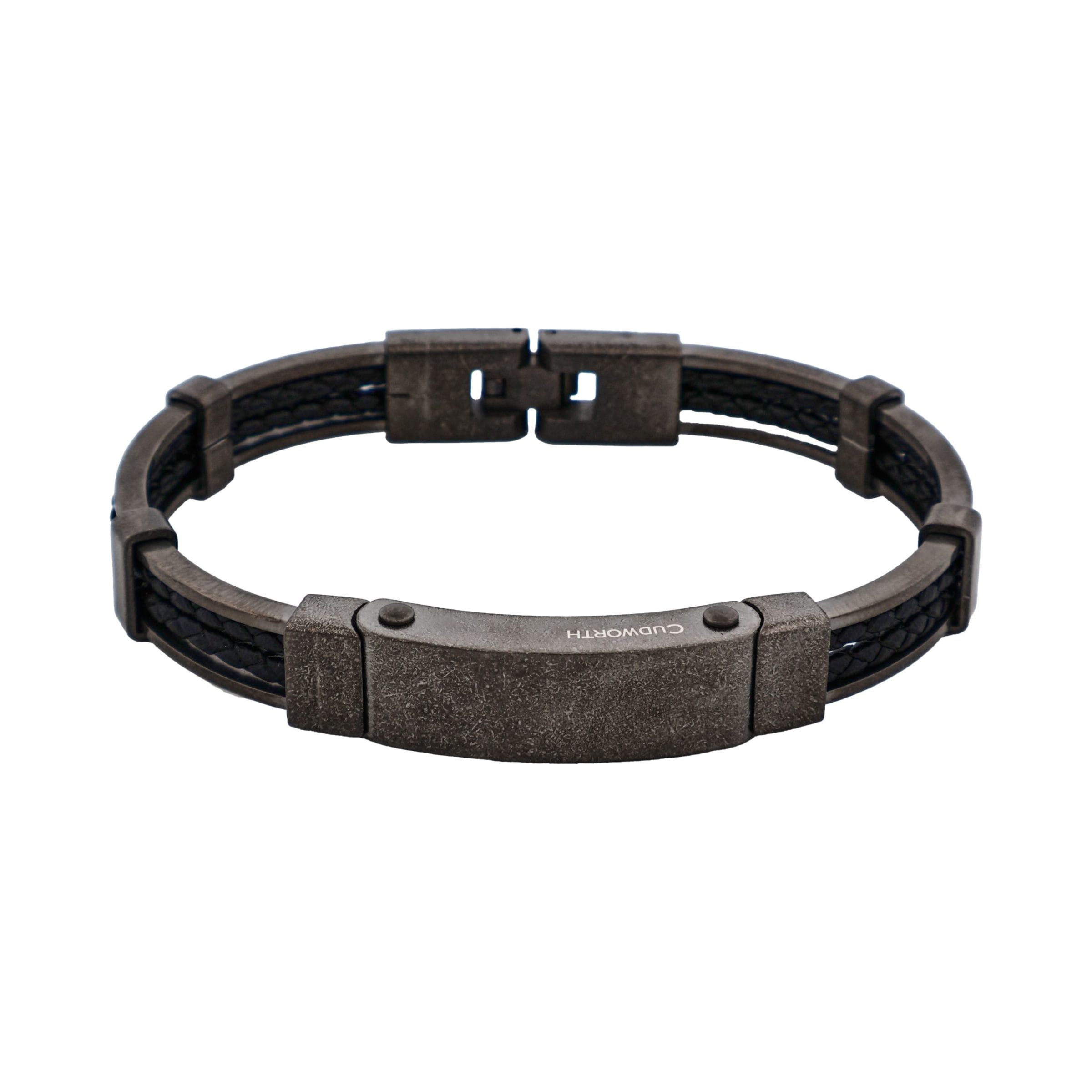 Ion Plated Antique Gun Metal Stainless Steel & Black Leather Bracelet