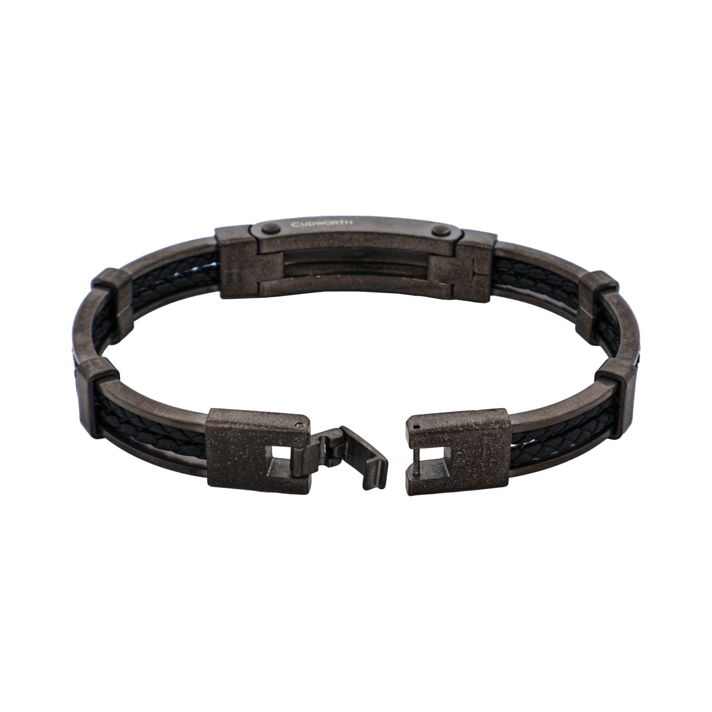 Ion Plated Antique Gun Metal Stainless Steel & Black Leather Bracelet